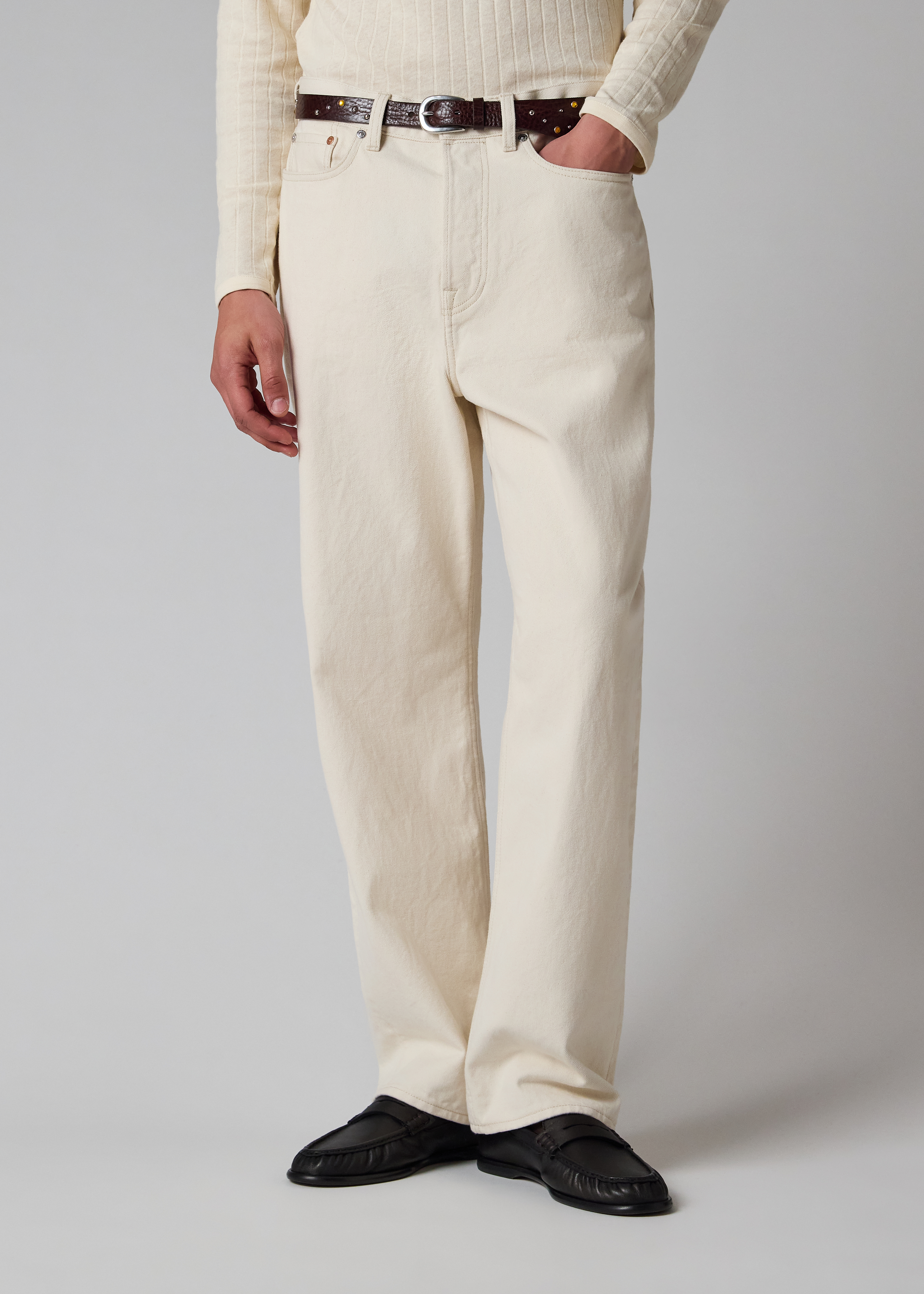 Ecru Cotton Barrel-Leg Jeans