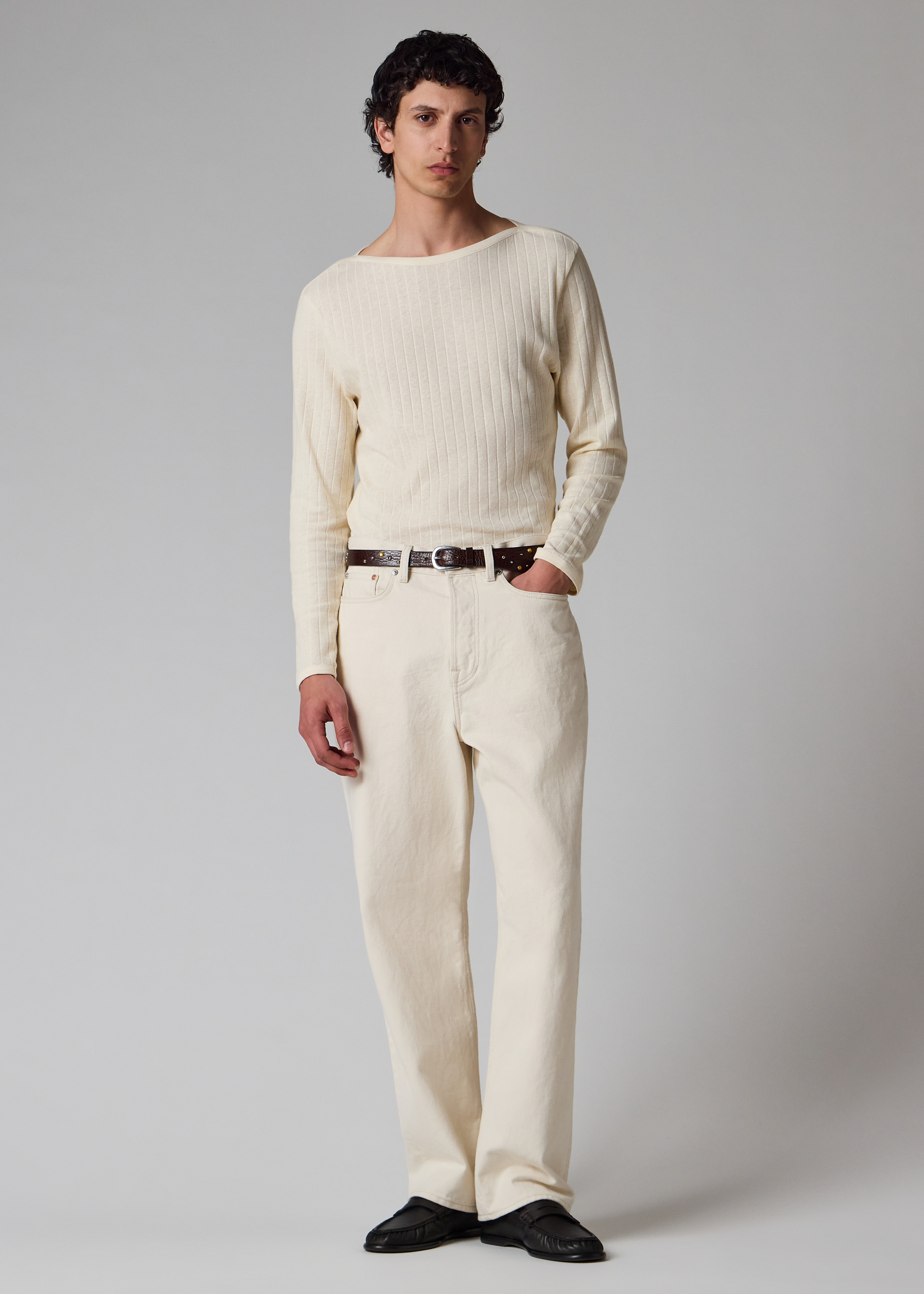 Ecru Cotton Barrel-Leg Jeans
