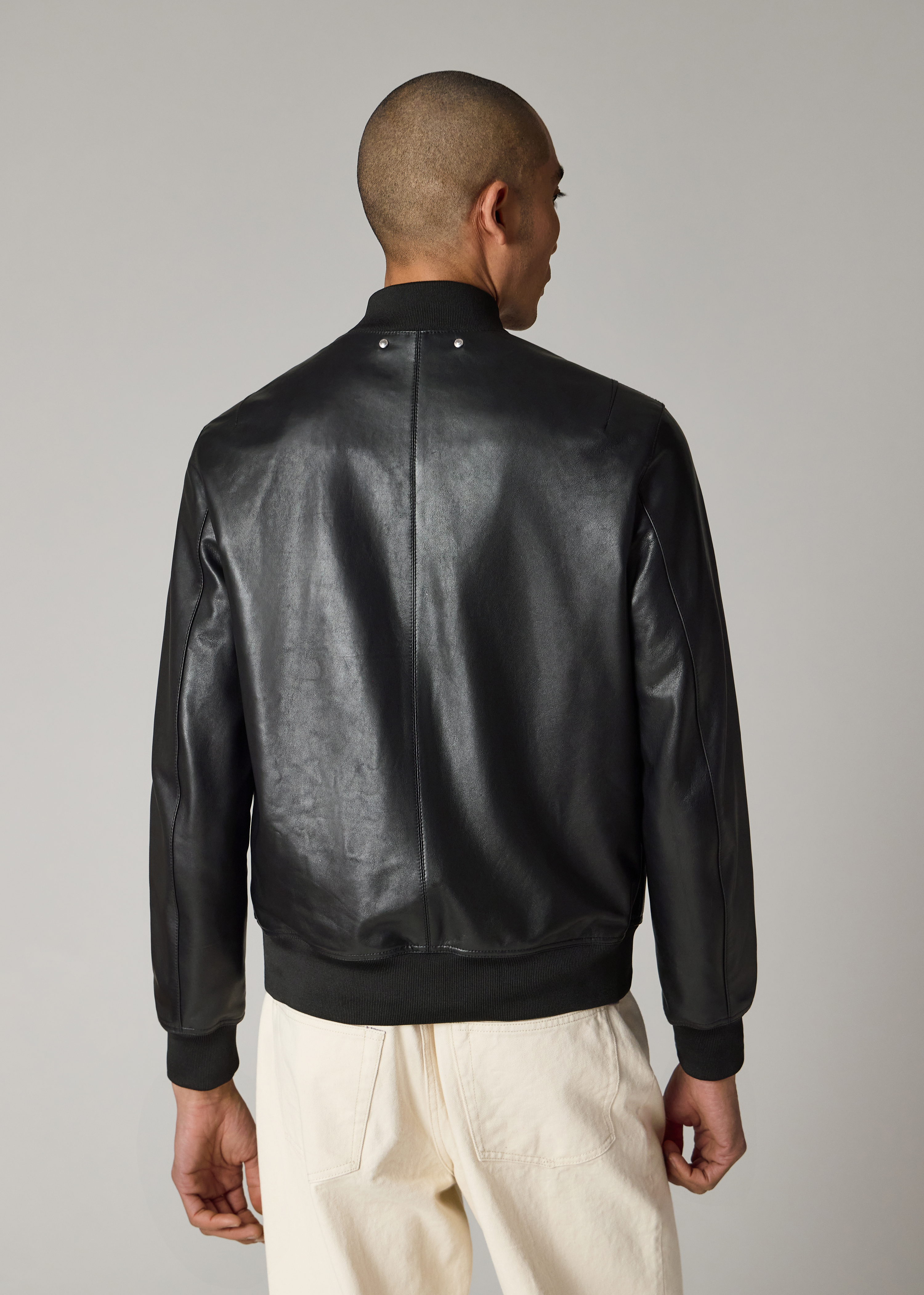Black Leather Zip-Front Bomber Jacket