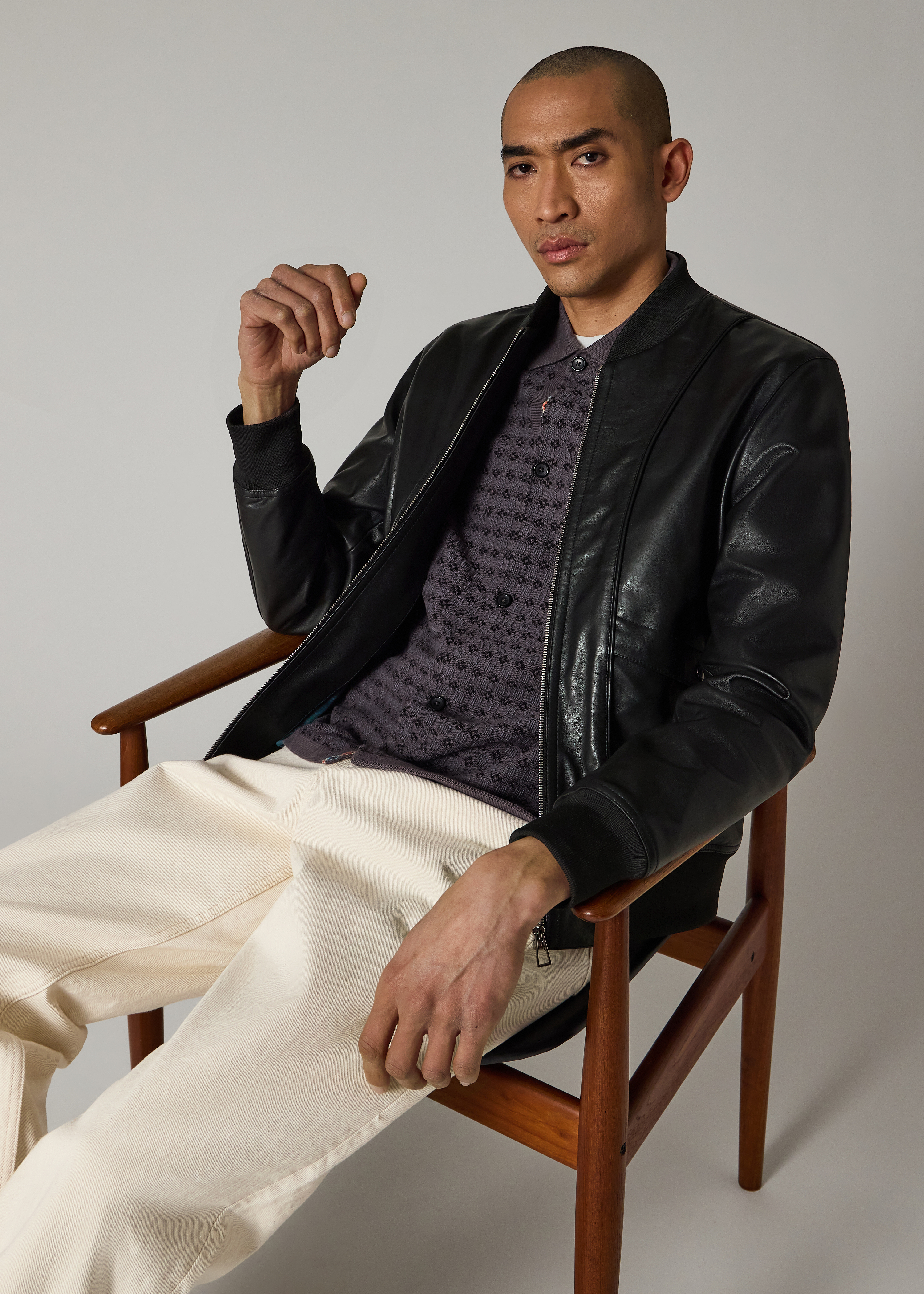 Black Leather Zip-Front Bomber Jacket