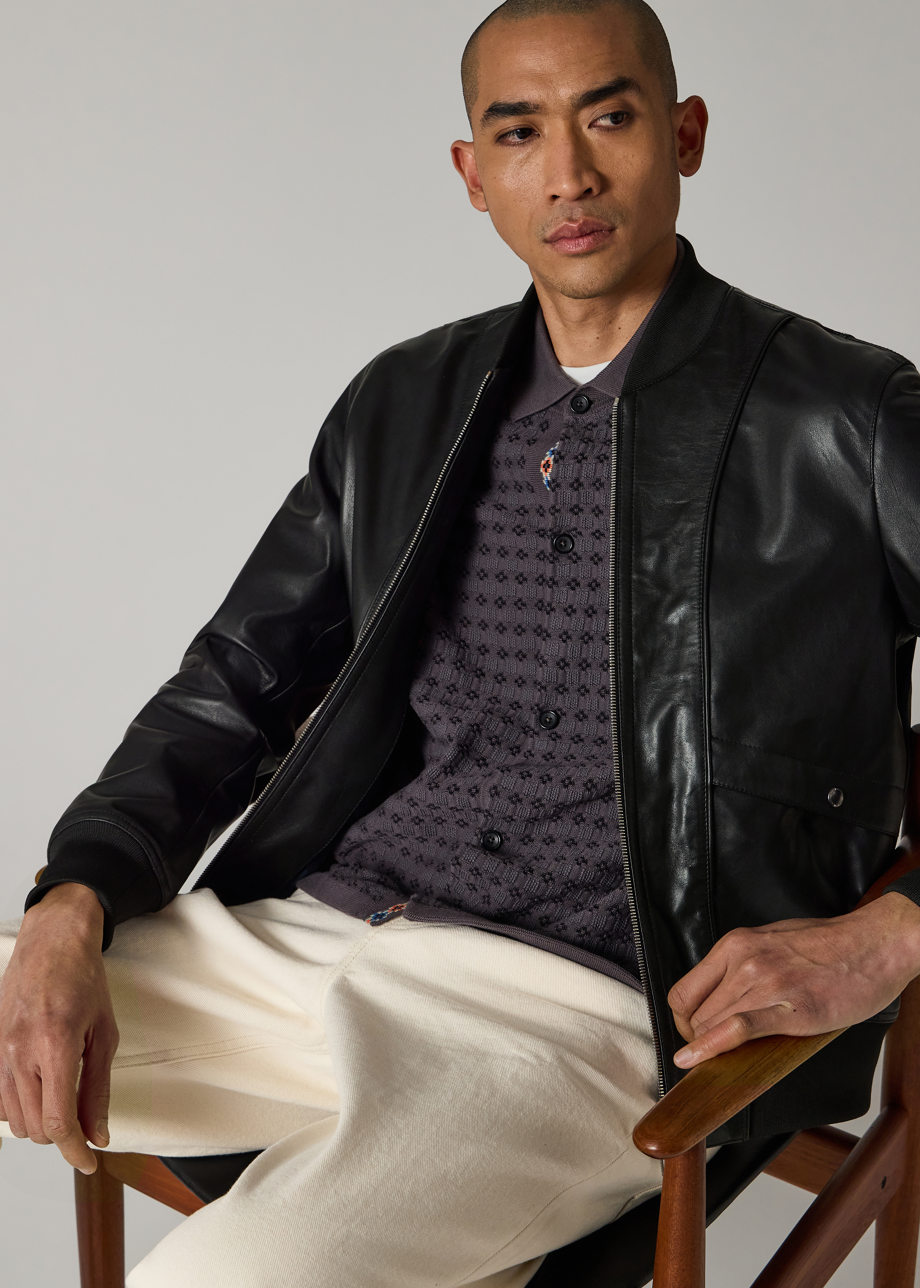 Black Leather Zip-Front Bomber Jacket