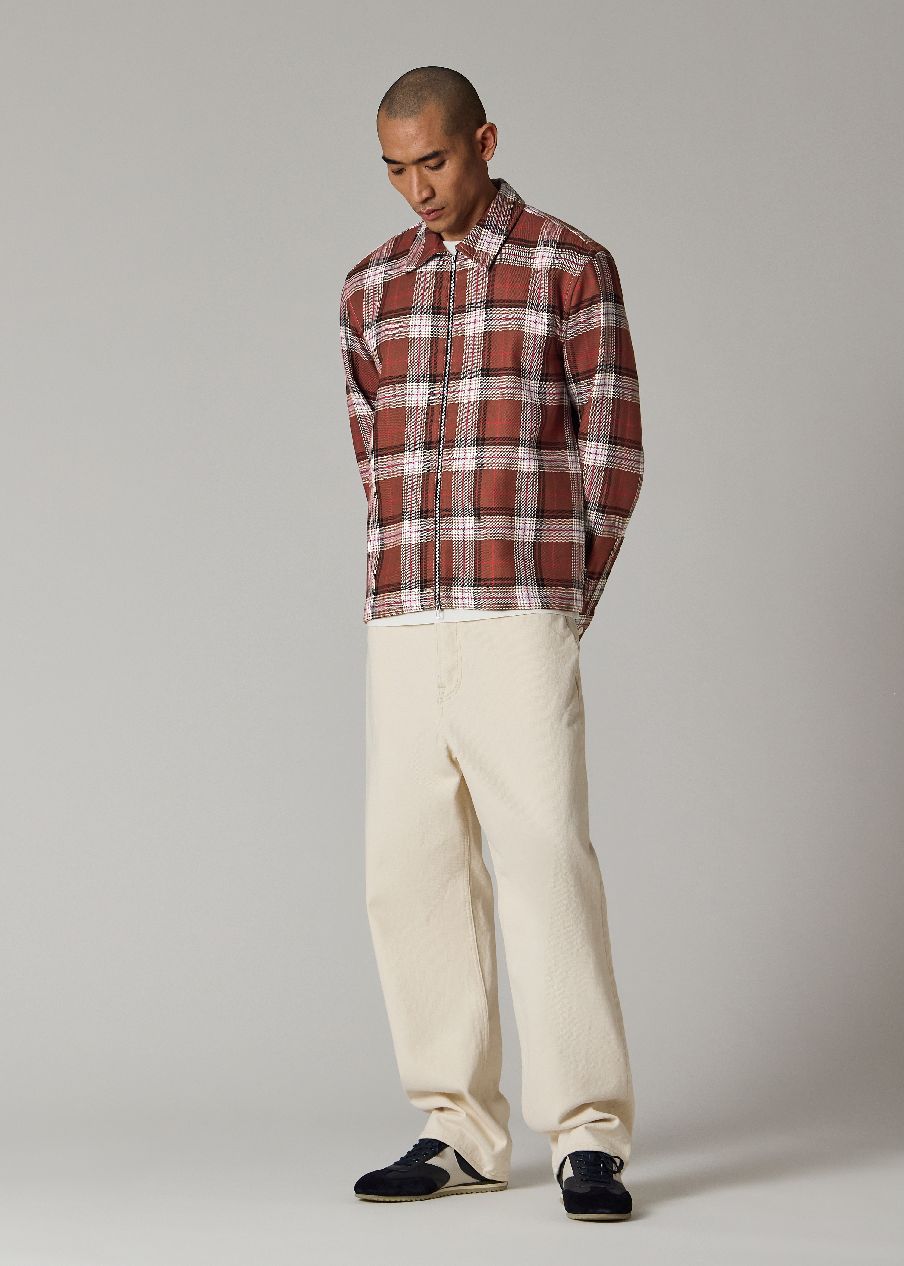 Brown Double-Face Cotton Check Zip-Front Shirt