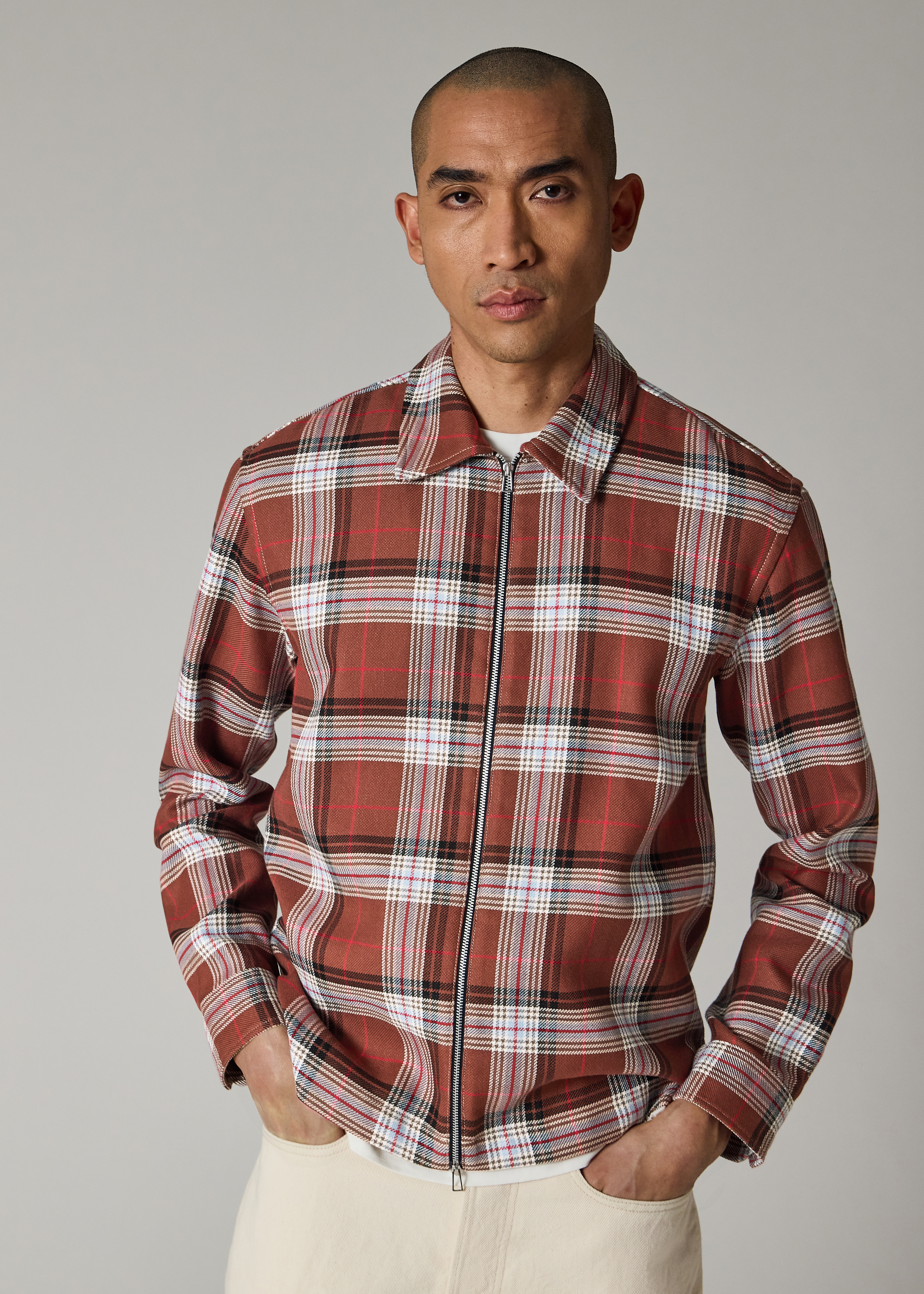 Brown Double-Face Cotton Check Zip-Front Shirt