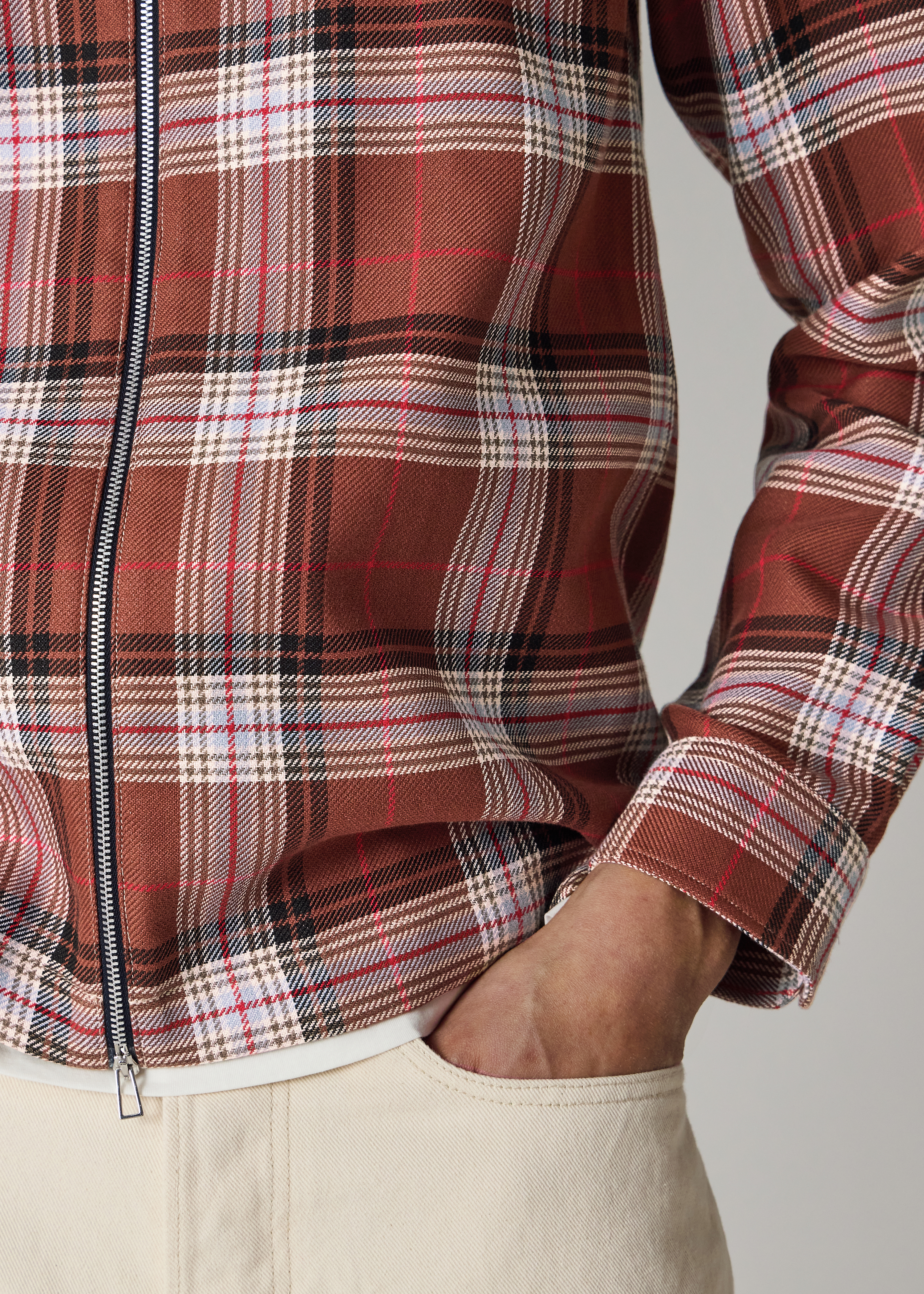 Brown Double-Face Cotton Check Zip-Front Shirt