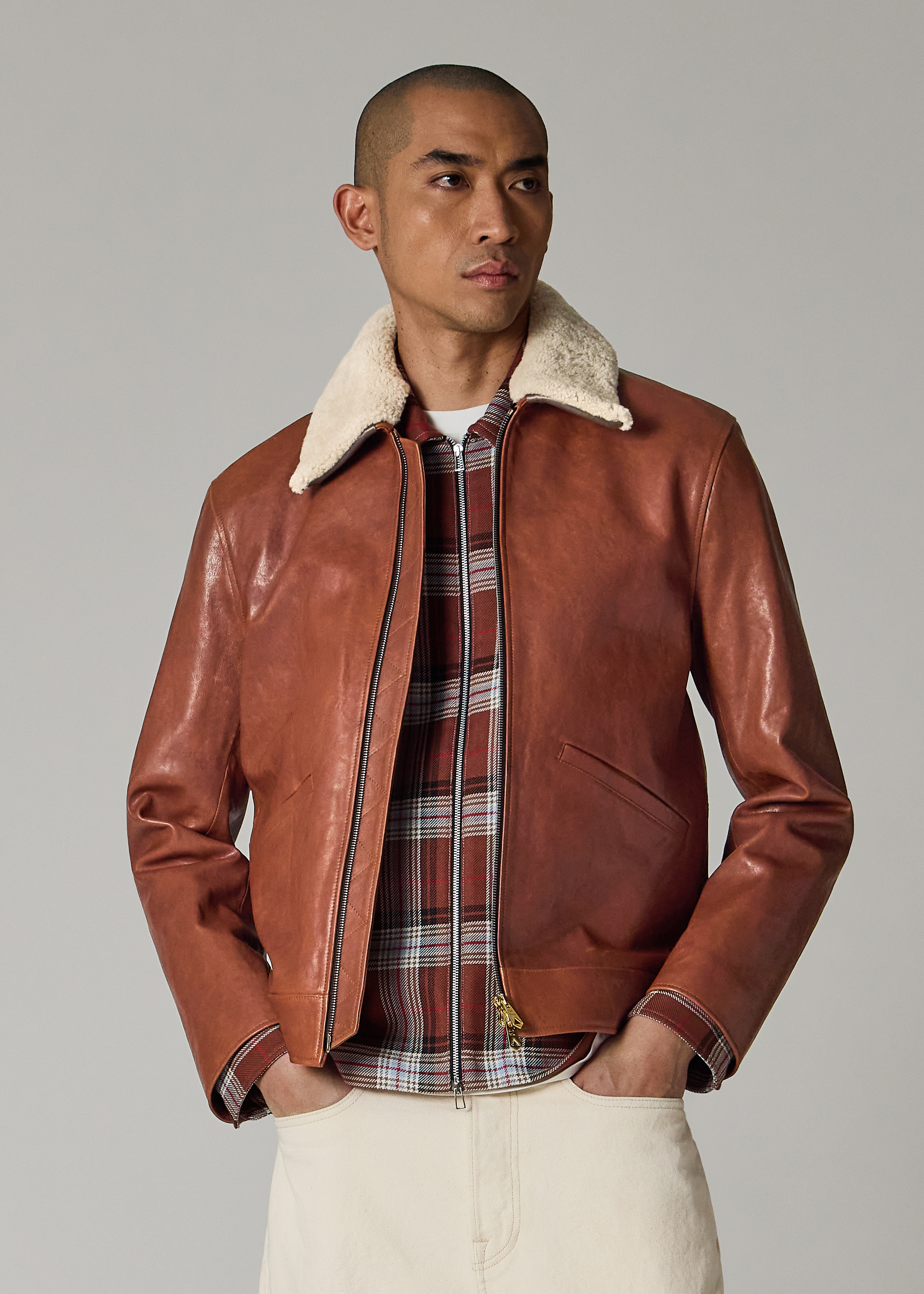 Brown Leather Jacket with Detachable Collar