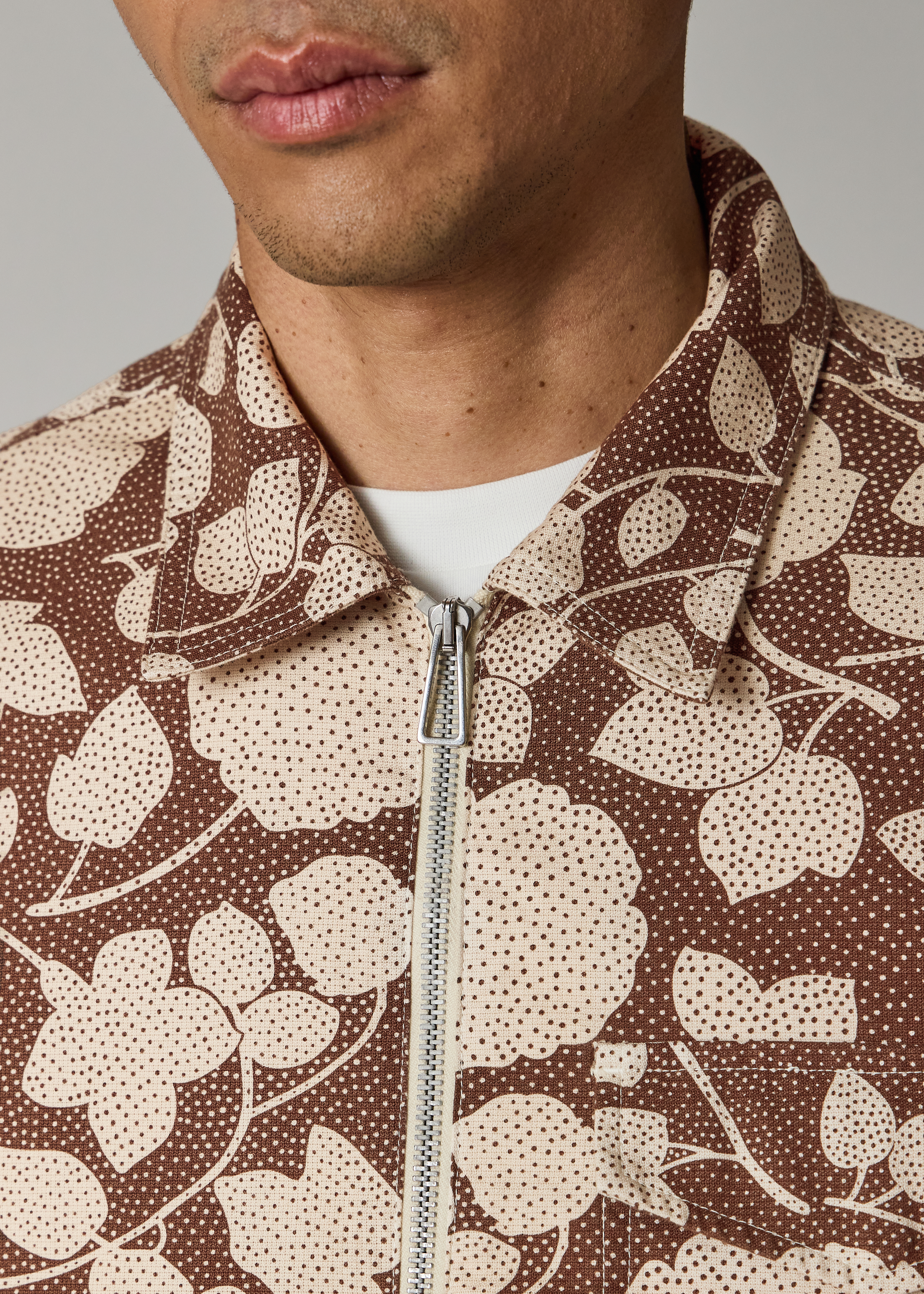 Brown 'Perforated Floral' Cotton Zip Jacket