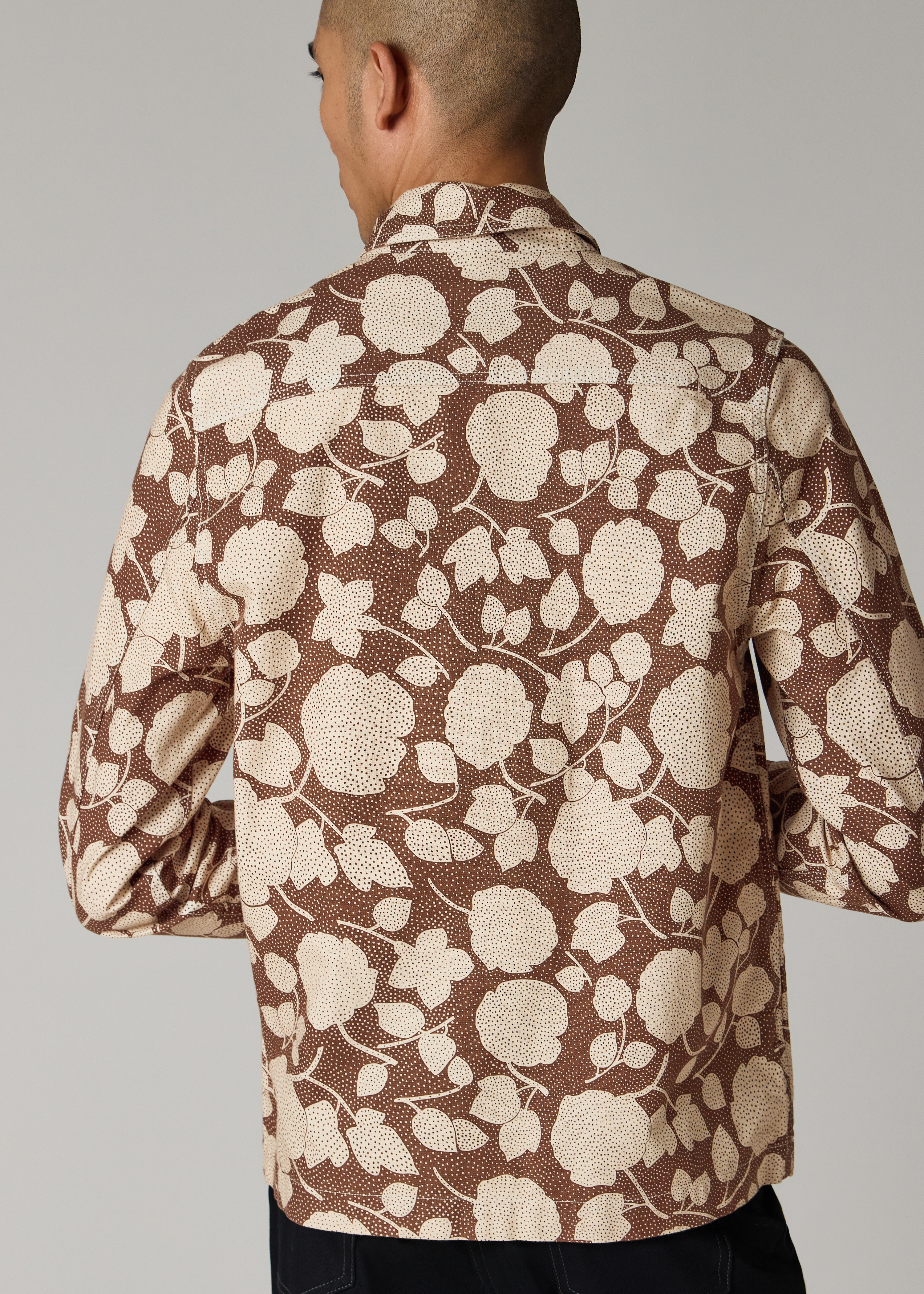 Brown 'Perforated Floral' Cotton Zip Jacket