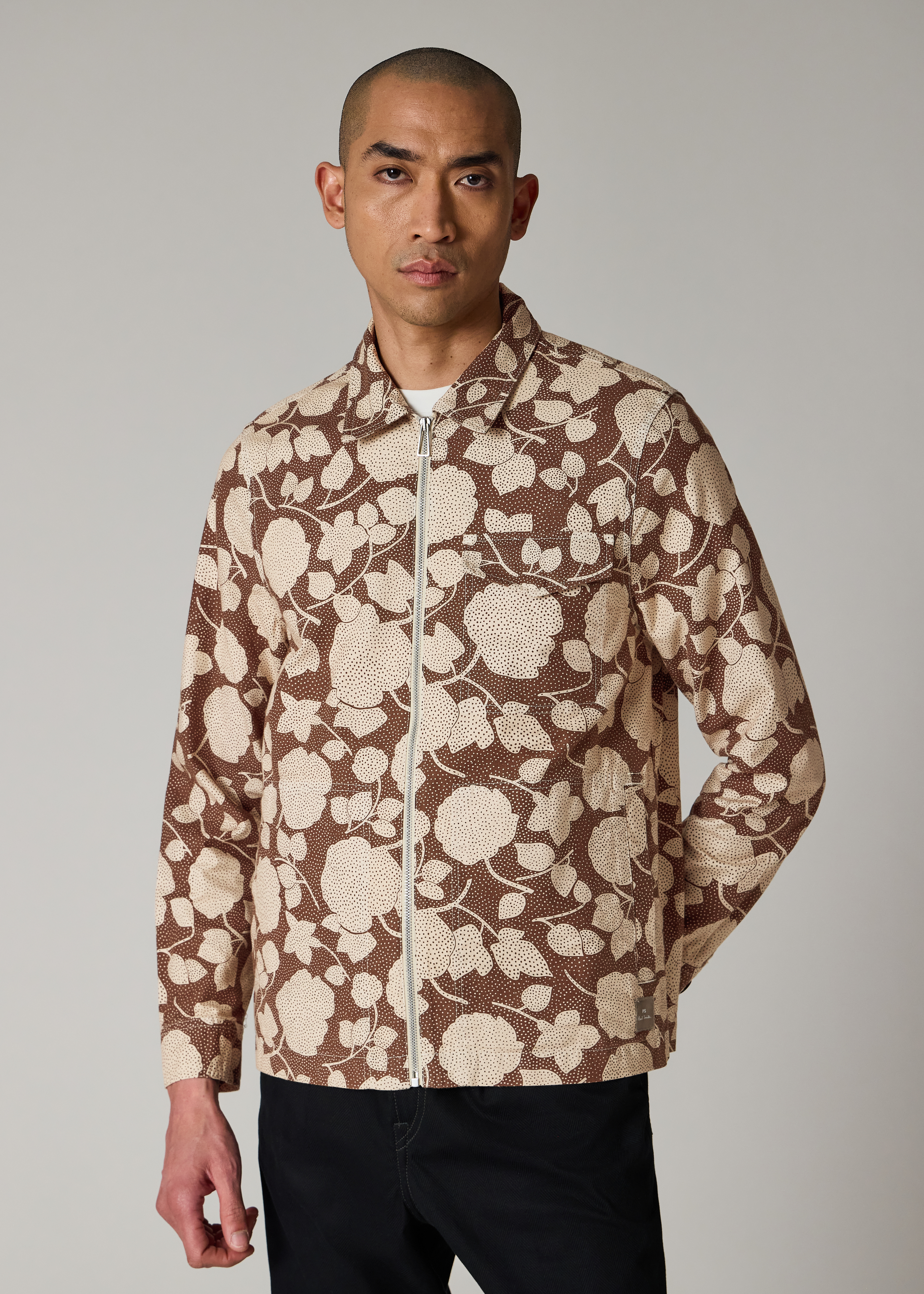 Brown 'Perforated Floral' Cotton Zip Jacket