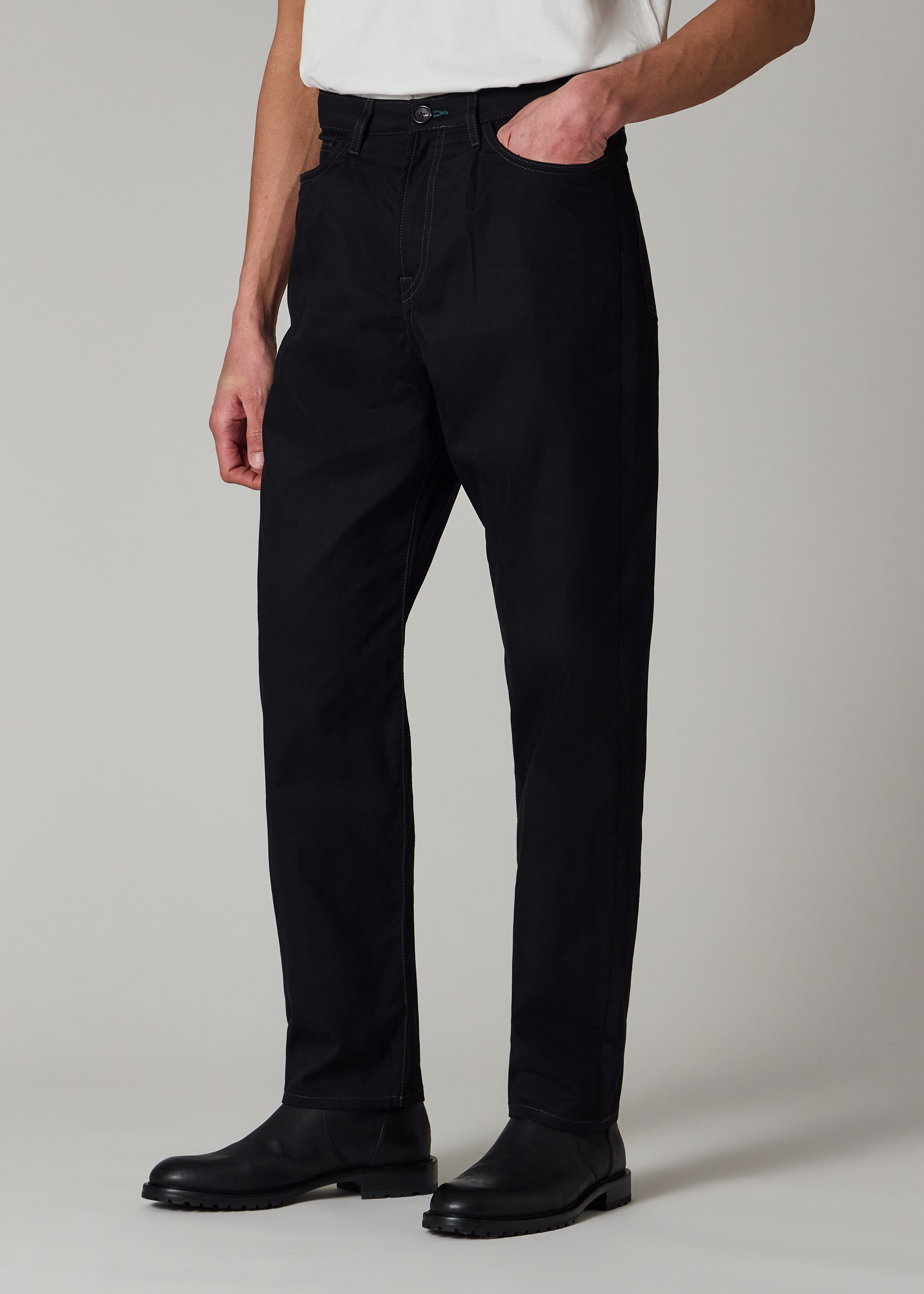 Black Herringbone-Twill Stretch Cotton Pleat-Front Jeans
