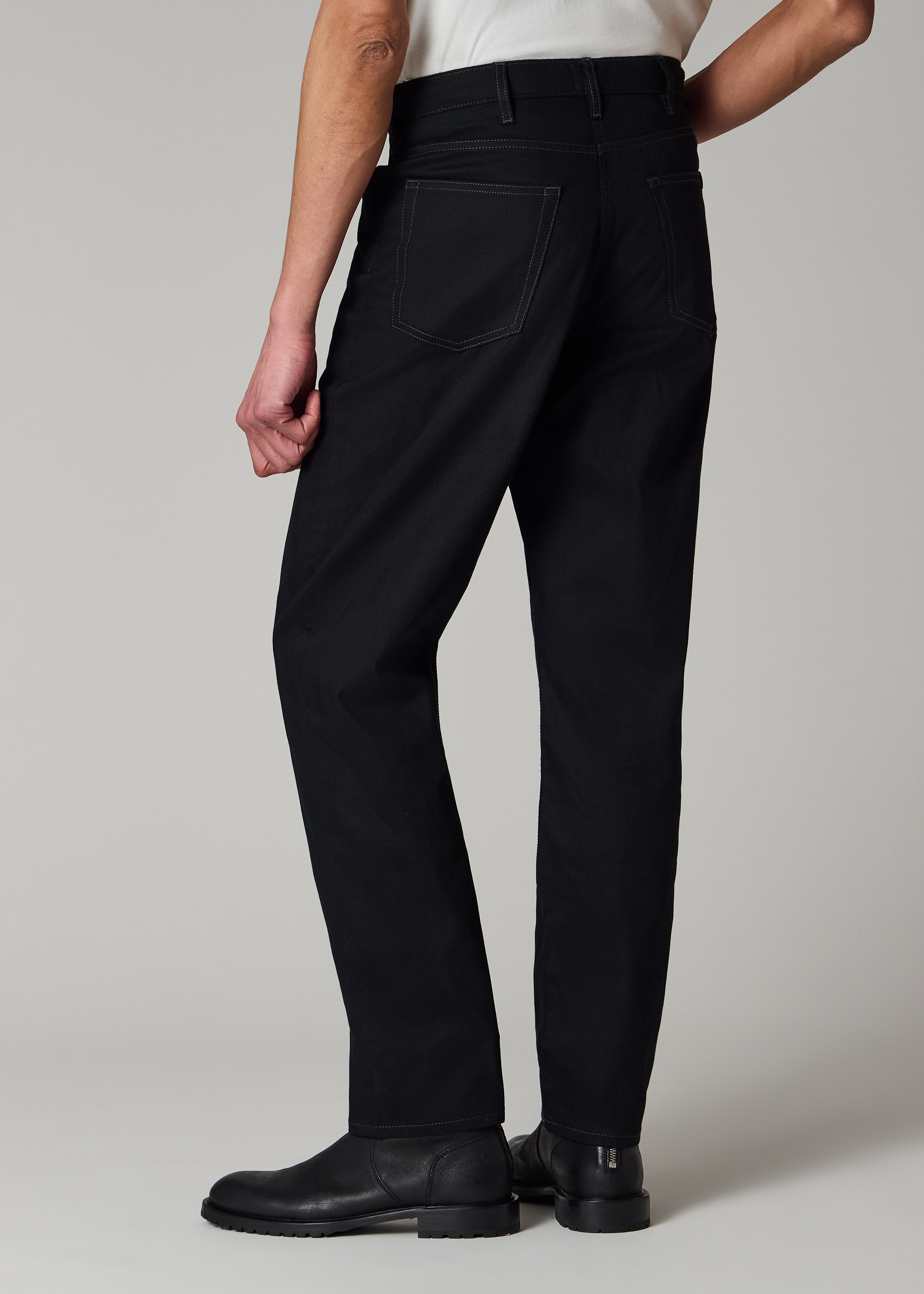 Black Herringbone-Twill Stretch Cotton Pleat-Front Jeans
