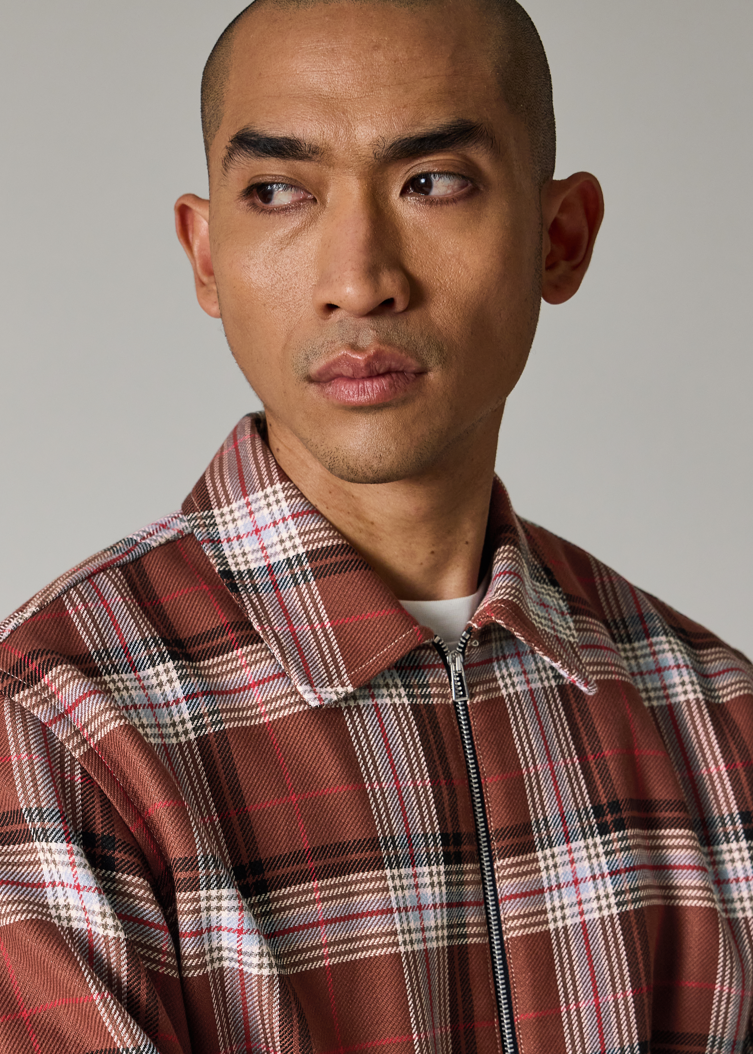 Brown Double-Face Cotton Check Zip-Front Shirt