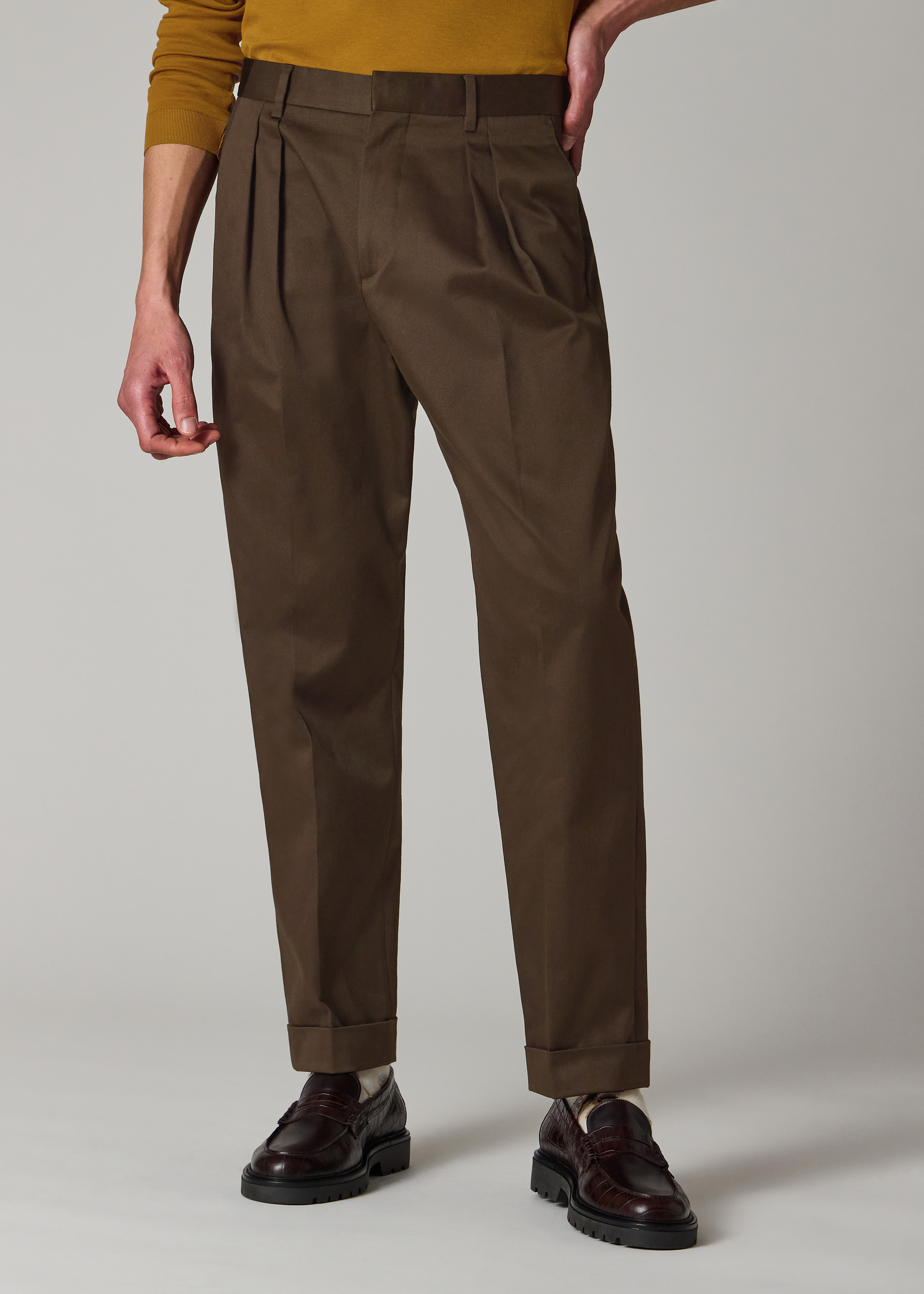 Brown Stretch Cotton-Twill Double-Pleat Trousers
