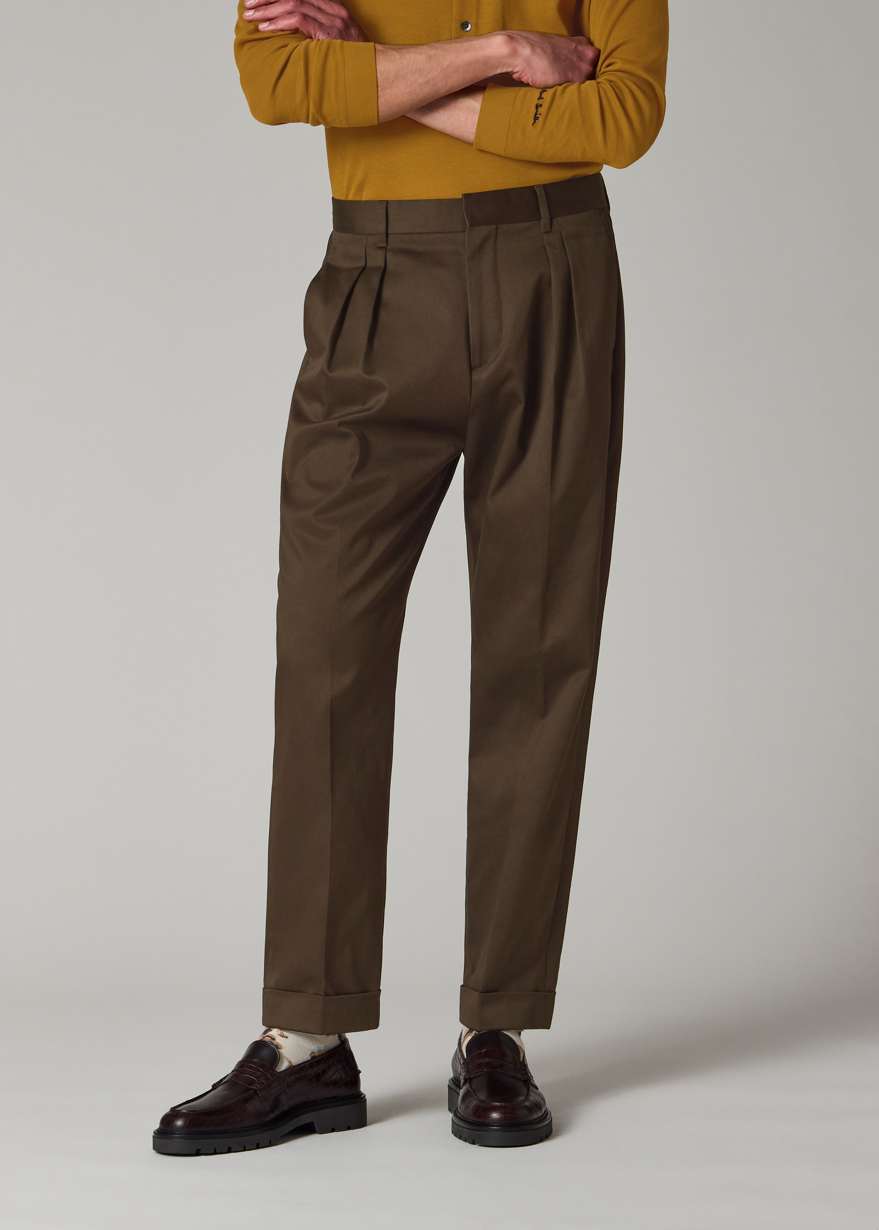 Brown Stretch Cotton-Twill Double-Pleat Trousers
