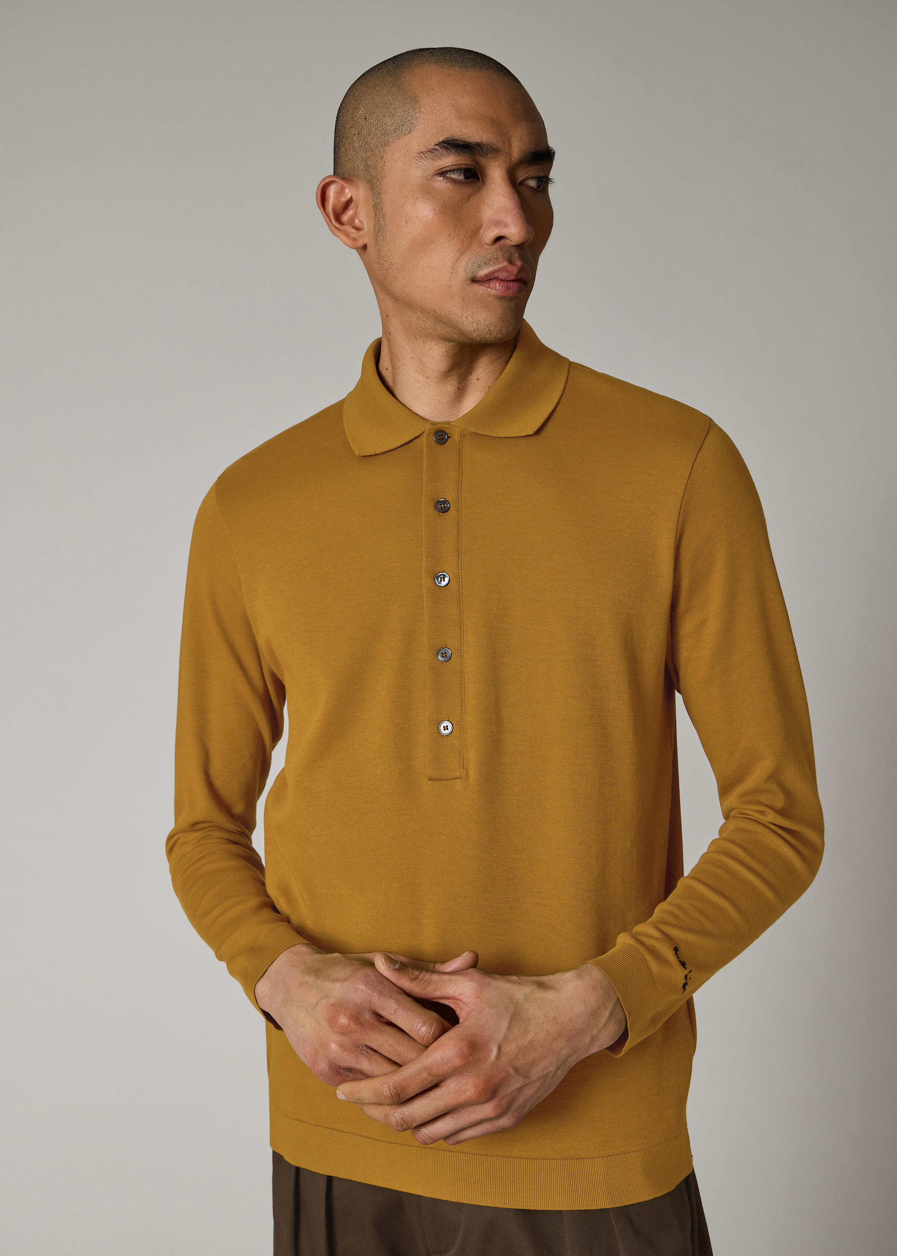 Mustard Cotton Polo Shirt with Integrated Rib Detail