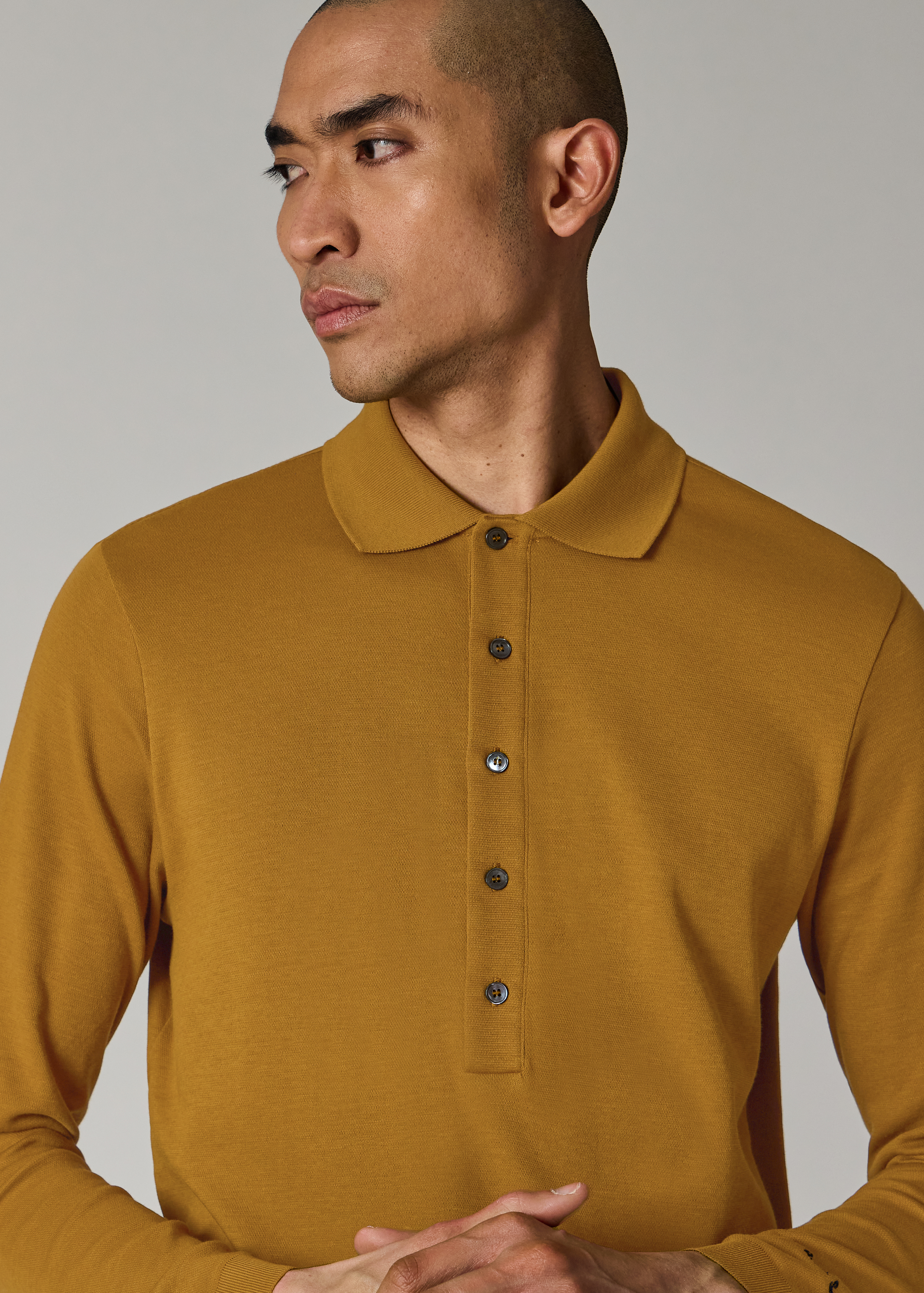 Mustard Cotton Polo Shirt with Integrated Rib Detail