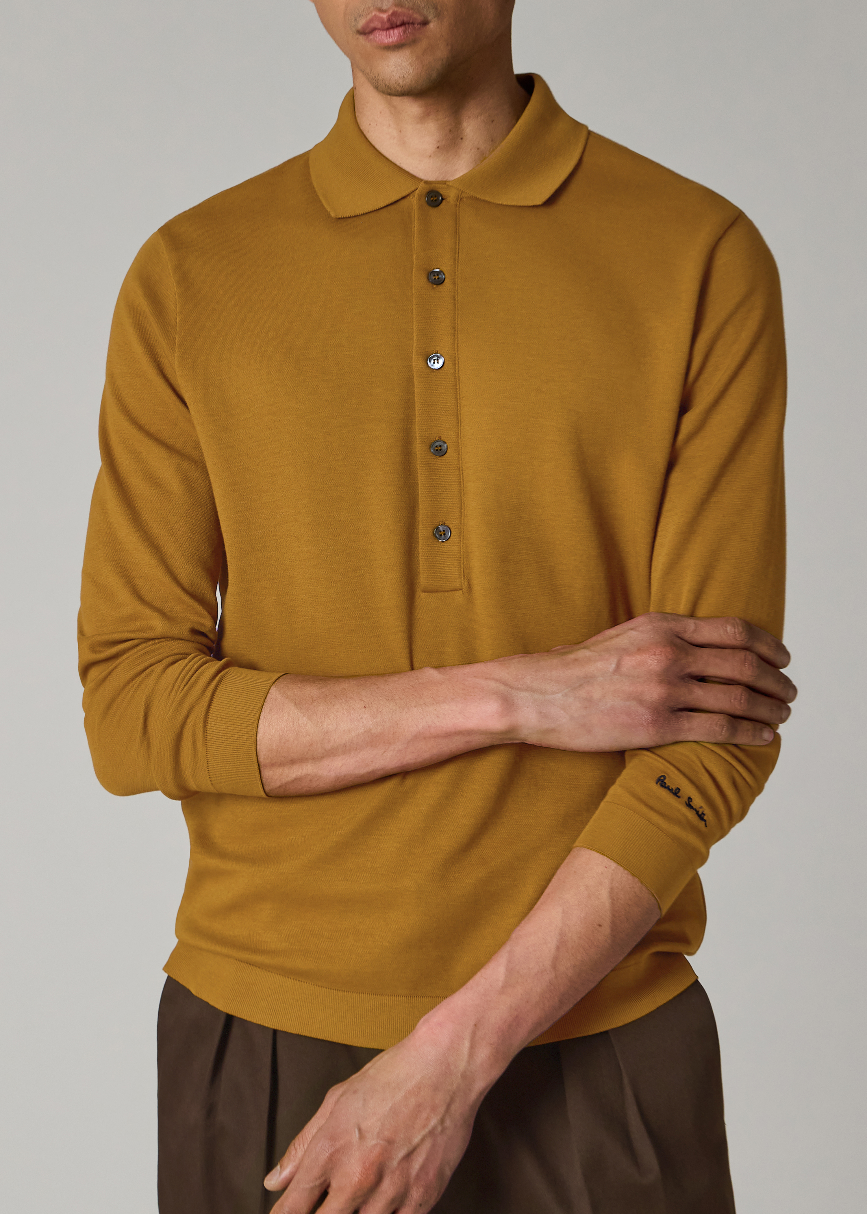 Mustard Cotton Polo Shirt with Integrated Rib Detail