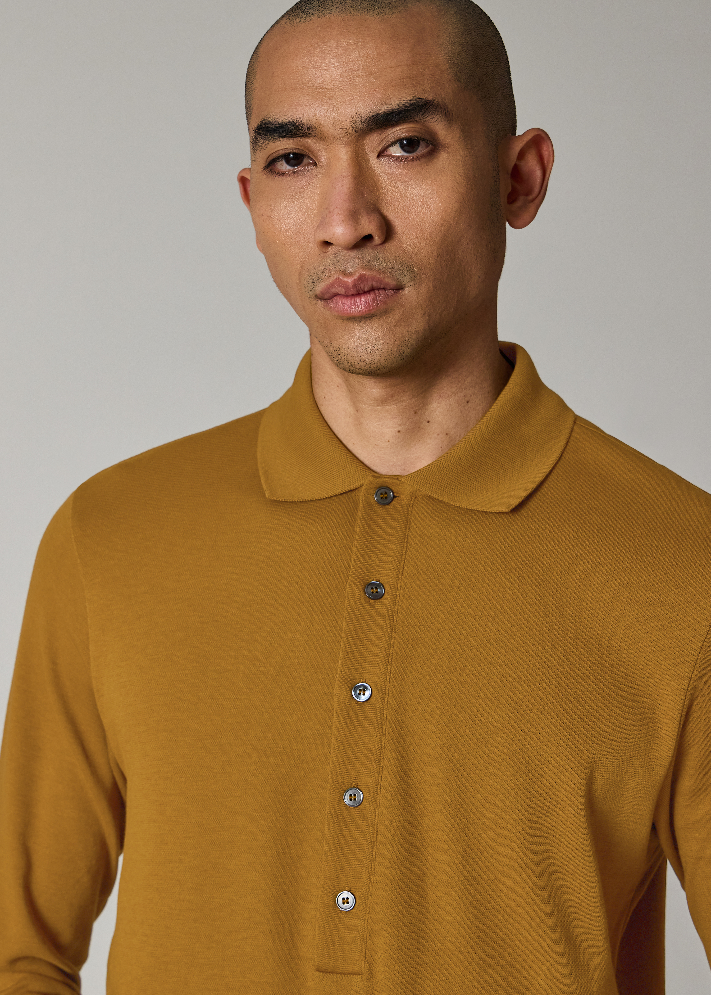 Mustard Cotton Polo Shirt with Integrated Rib Detail