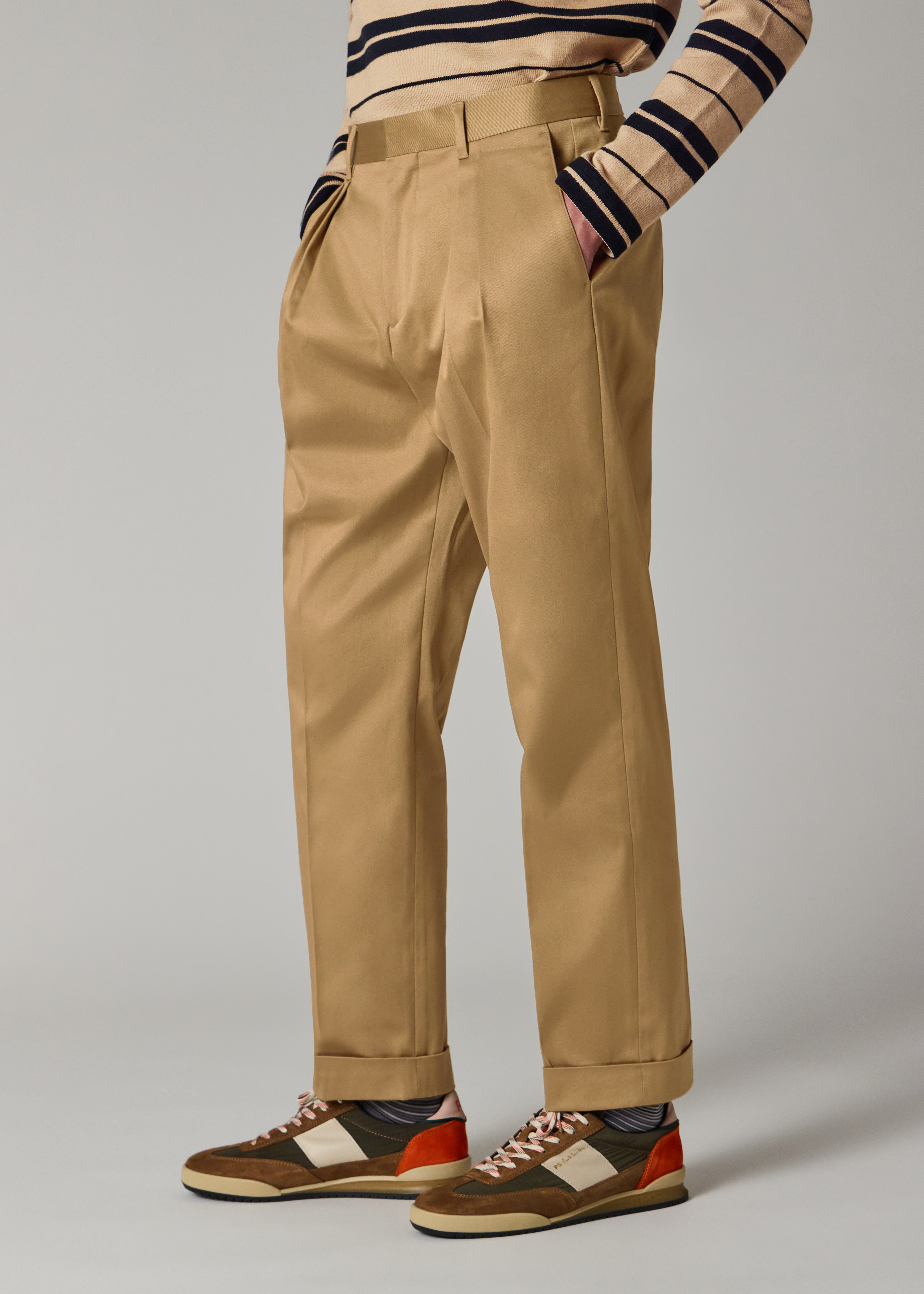 Tan Stretch Cotton-Twill Double-Pleat Trousers