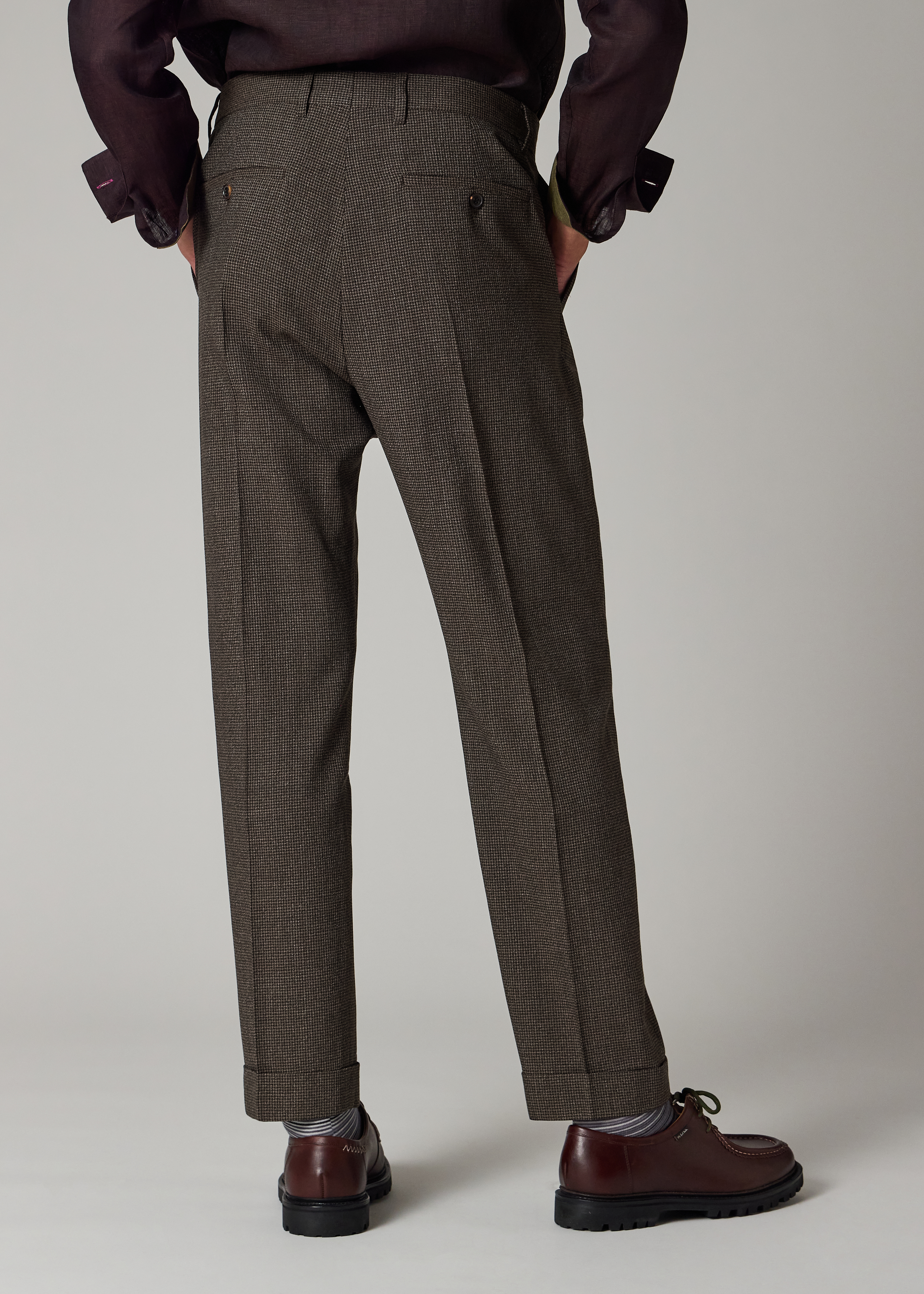Brown Check Two-Ply Merino Pleated Trousers