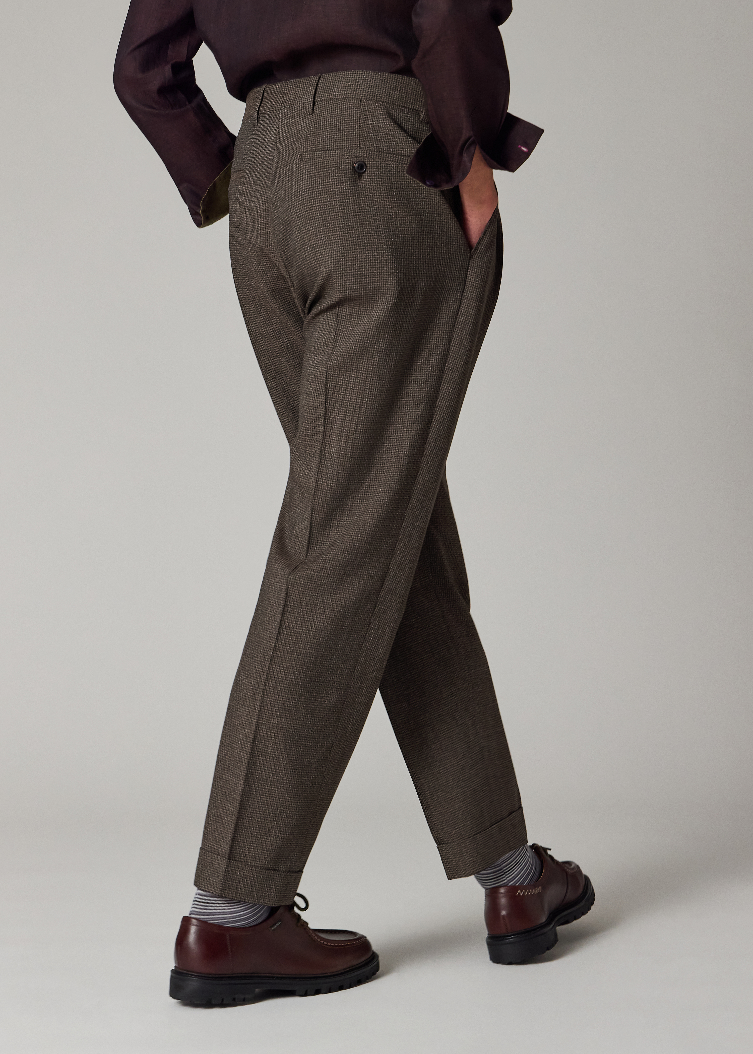 Brown Check Two-Ply Merino Pleated Trousers