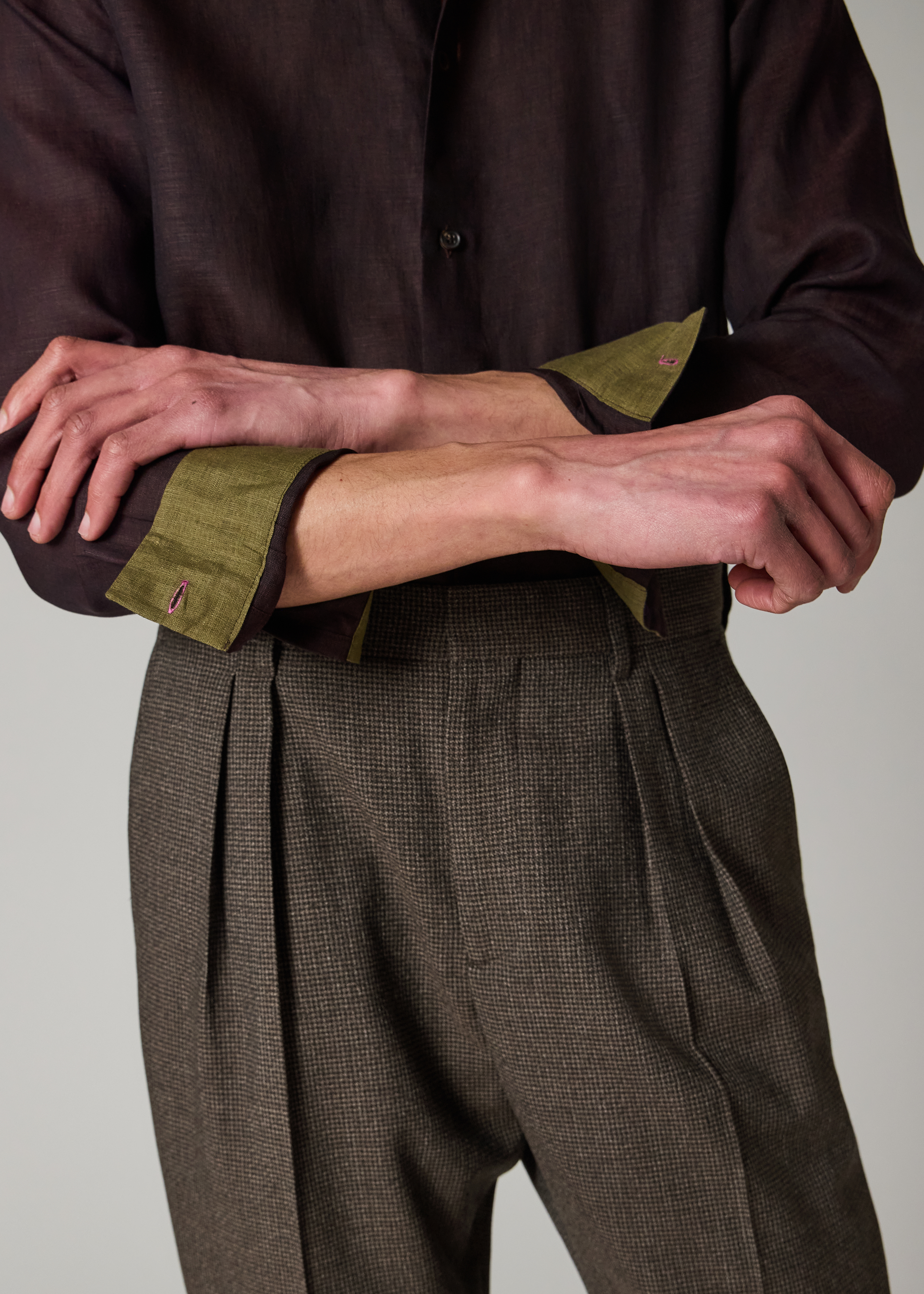 Brown Check Two-Ply Merino Pleated Trousers