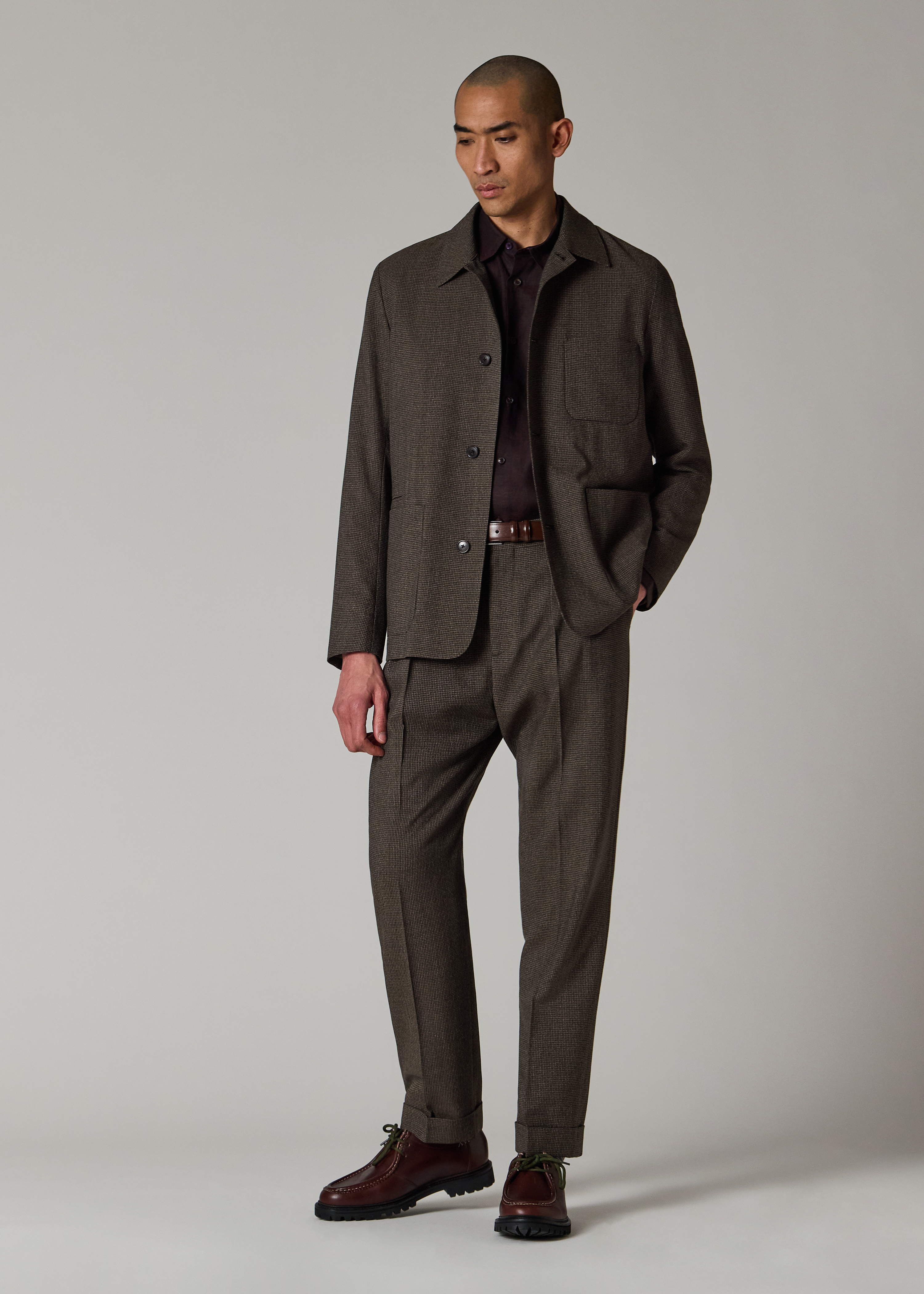 Brown Check Two-Ply Merino Pleated Trousers