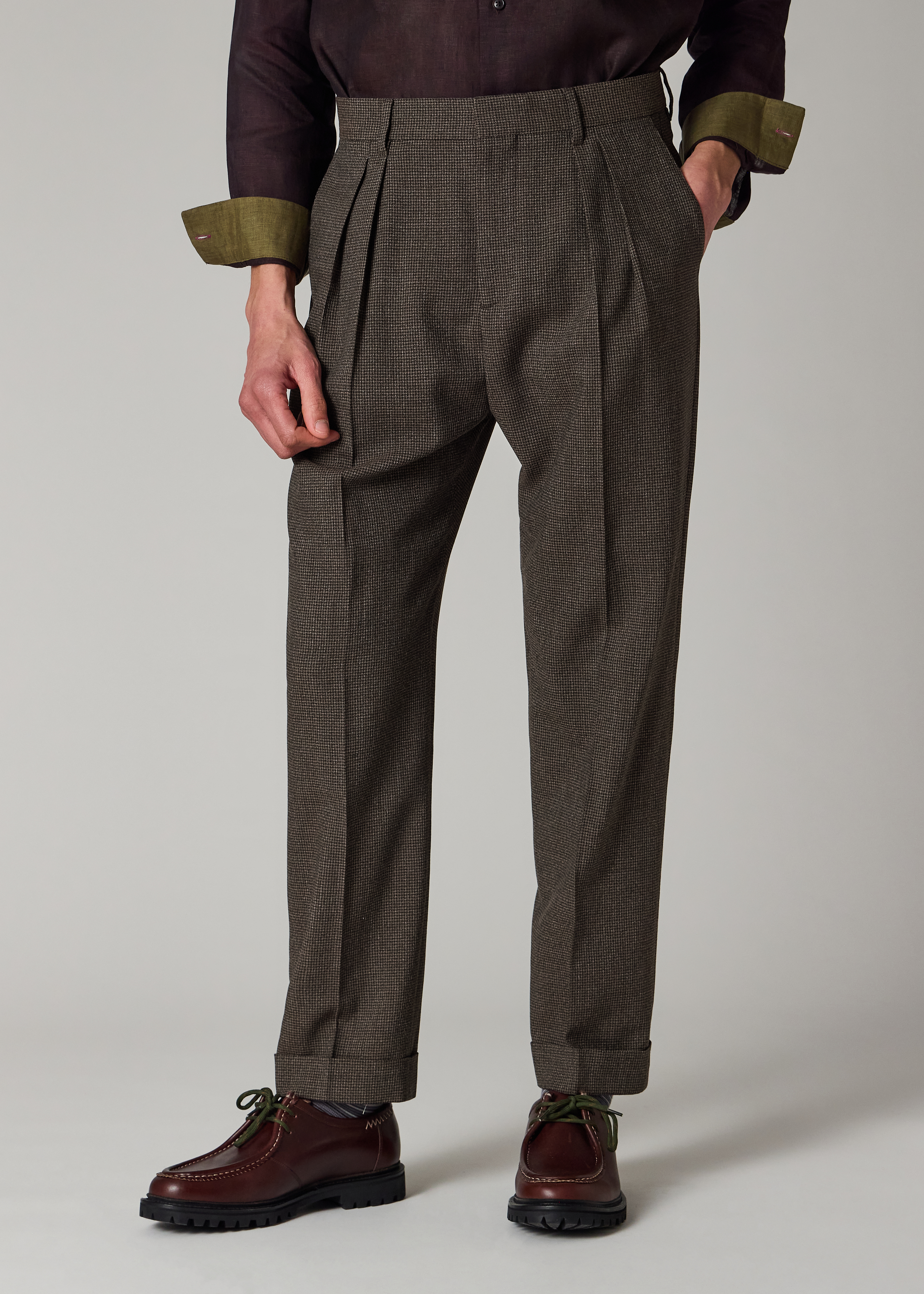 Brown Check Two-Ply Merino Pleated Trousers