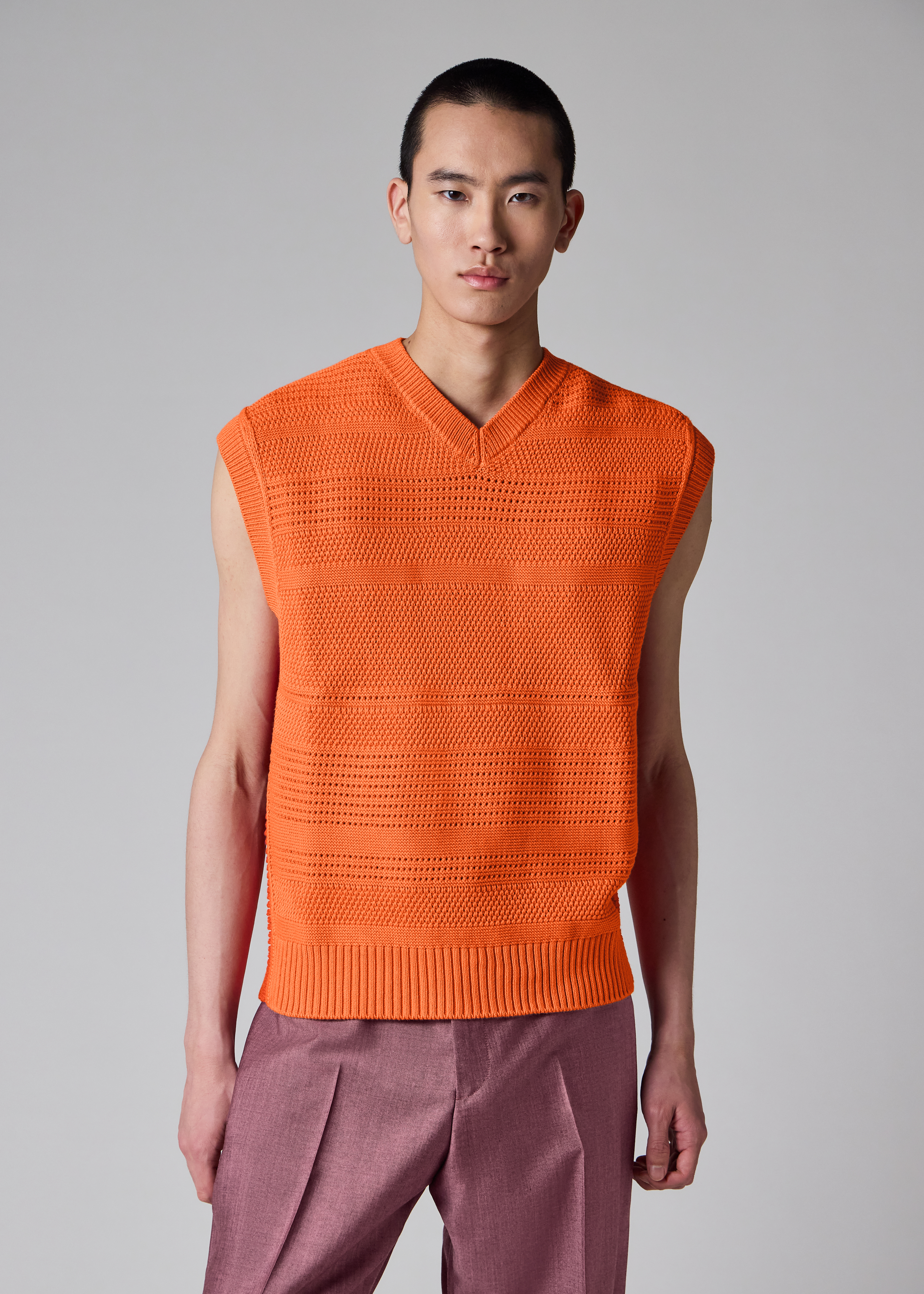 Orange Textured Cotton Knitted Vest