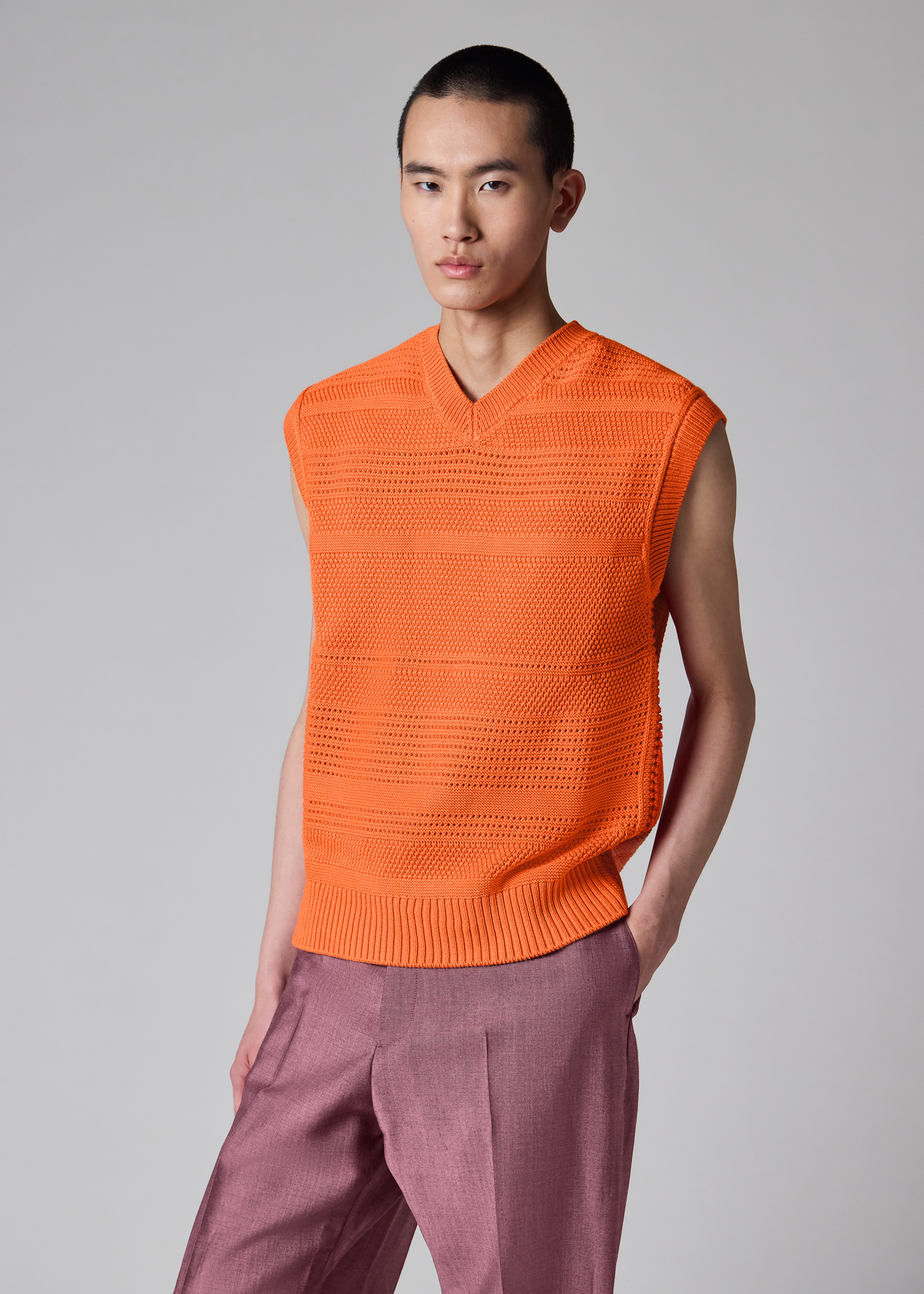 Orange Textured Cotton Knitted Vest