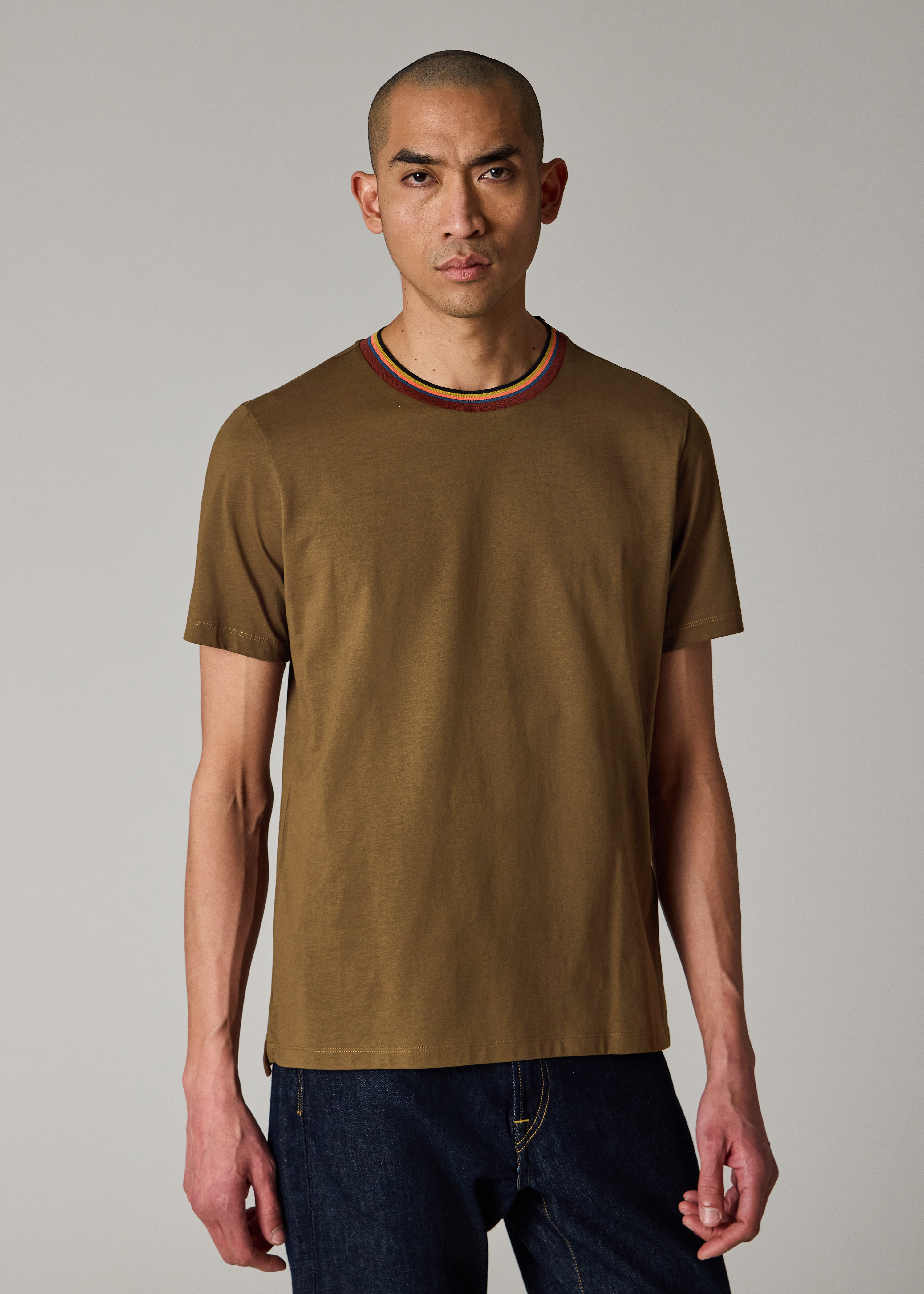 Khaki Green 'Artist Stripe' Collar T-Shirt