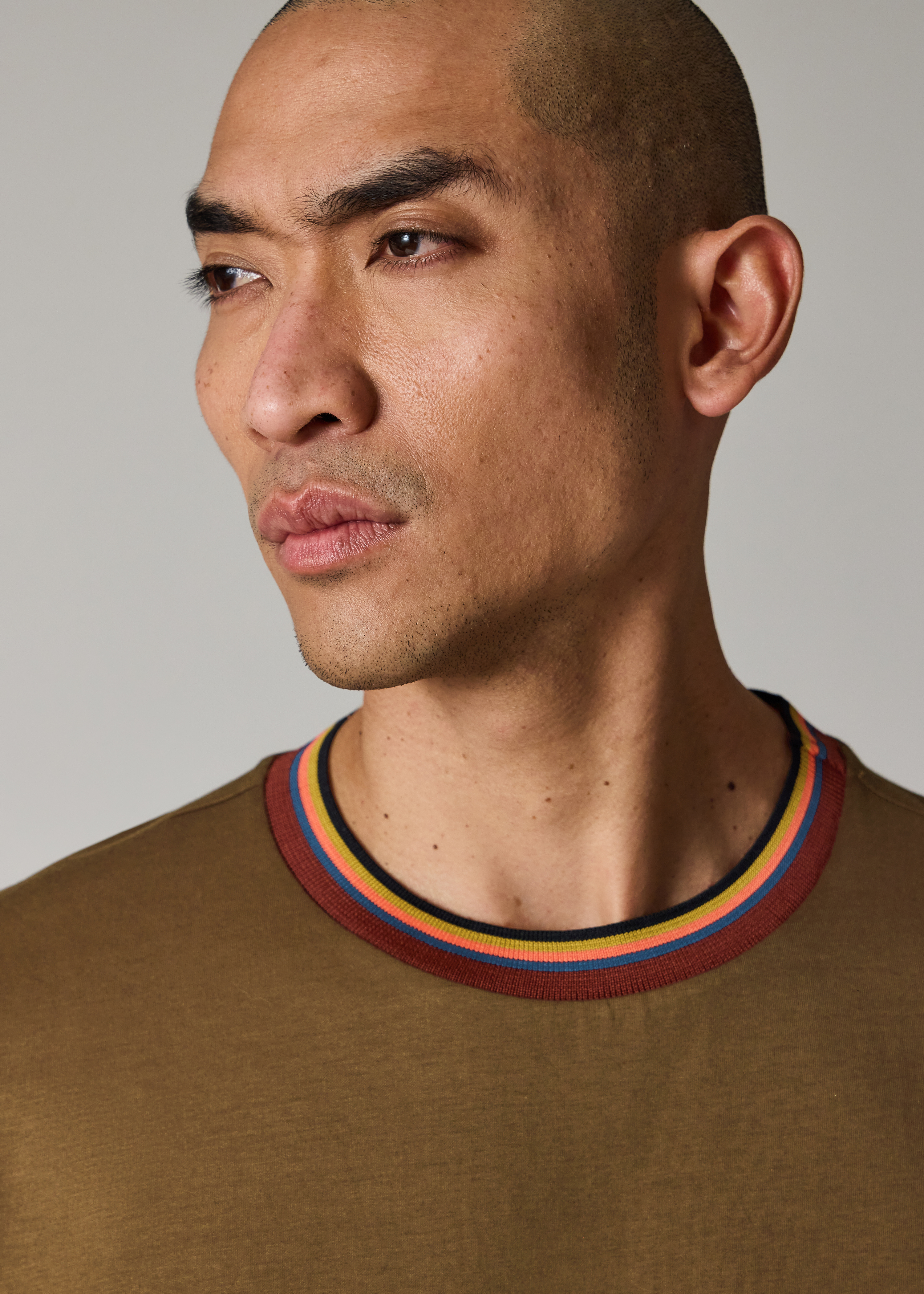 Khaki Green 'Artist Stripe' Collar T-Shirt