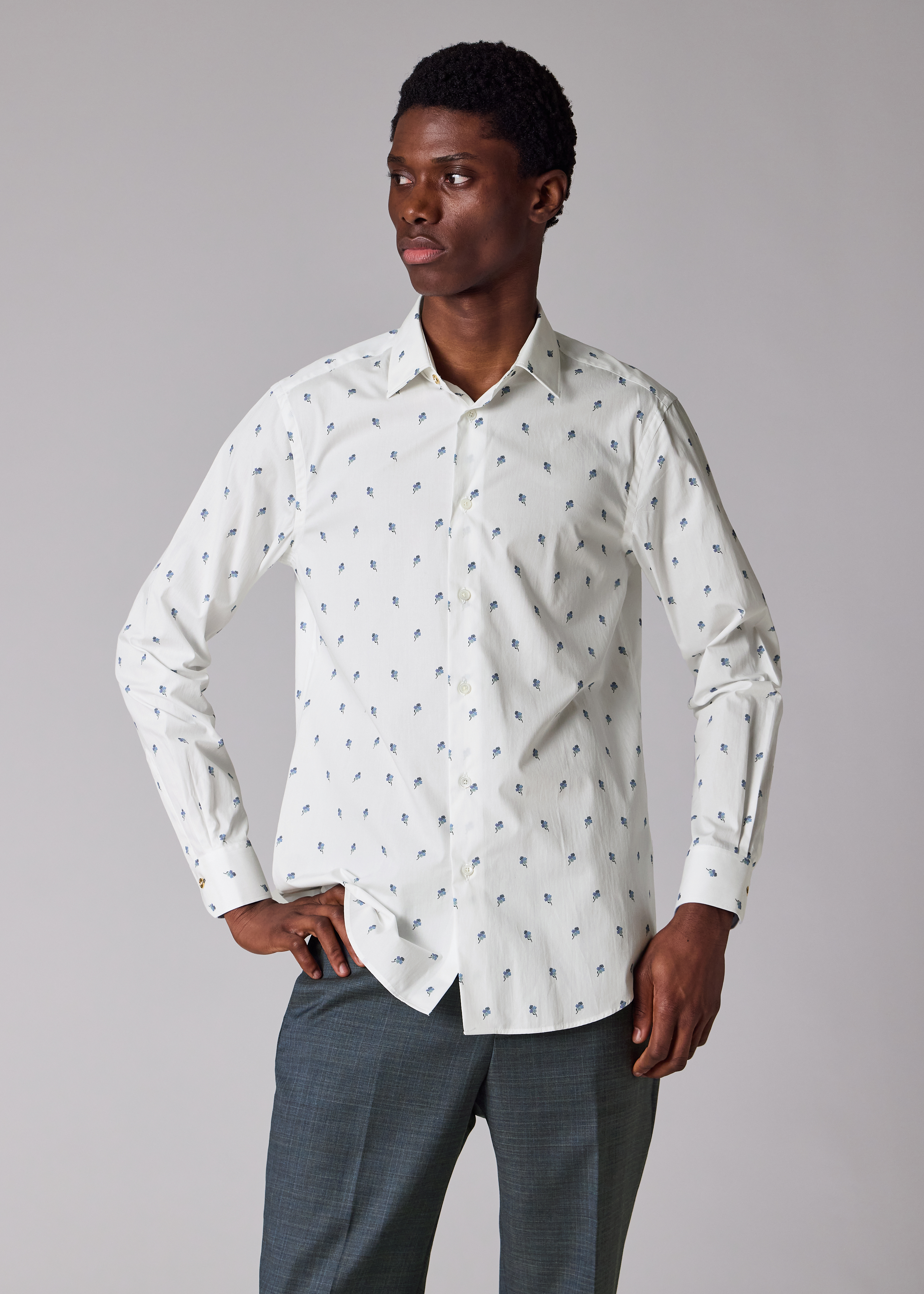 Tailored-Fit White 'Ditsy Flower' Cotton Shirt