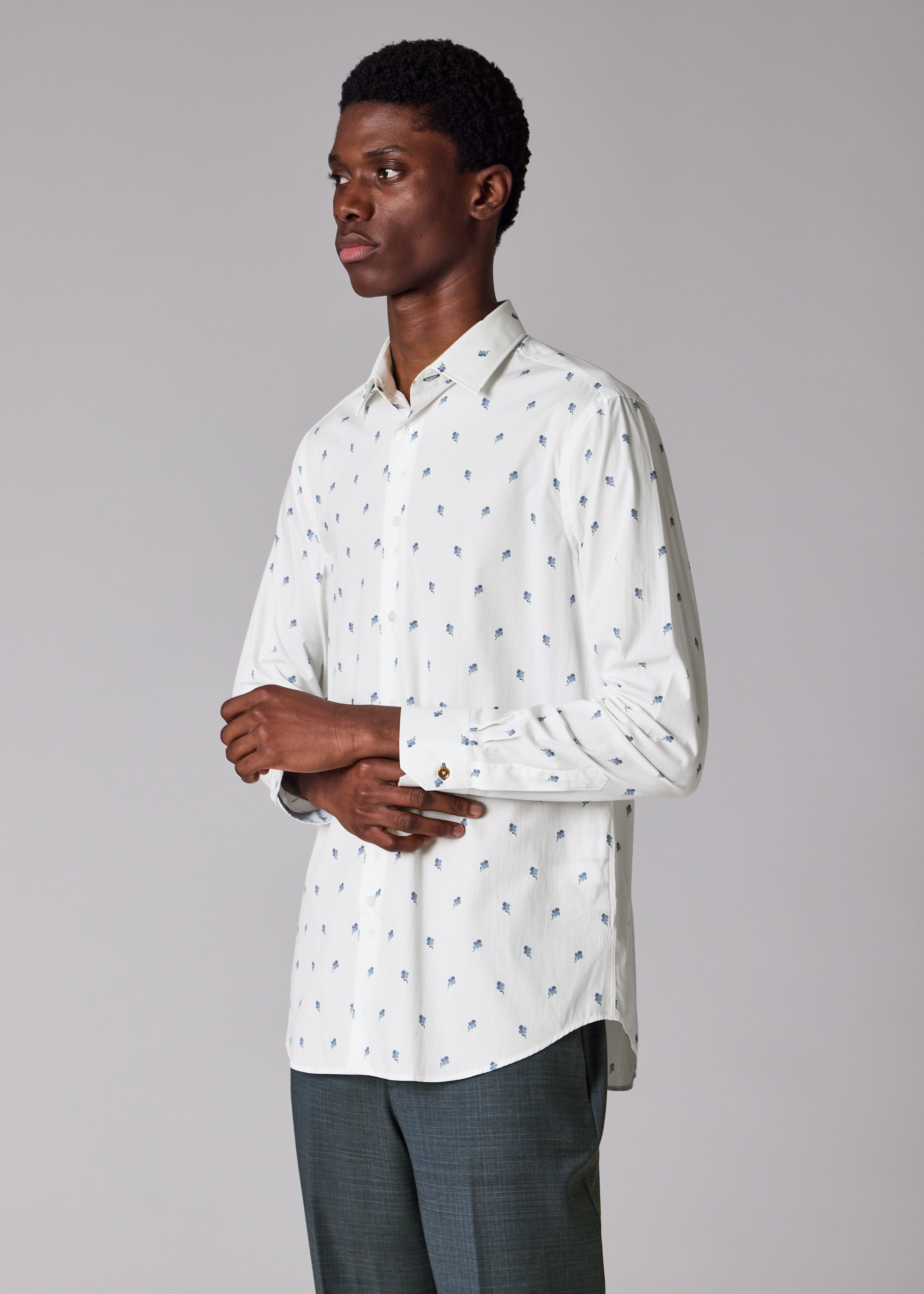Tailored-Fit White 'Ditsy Flower' Cotton Shirt