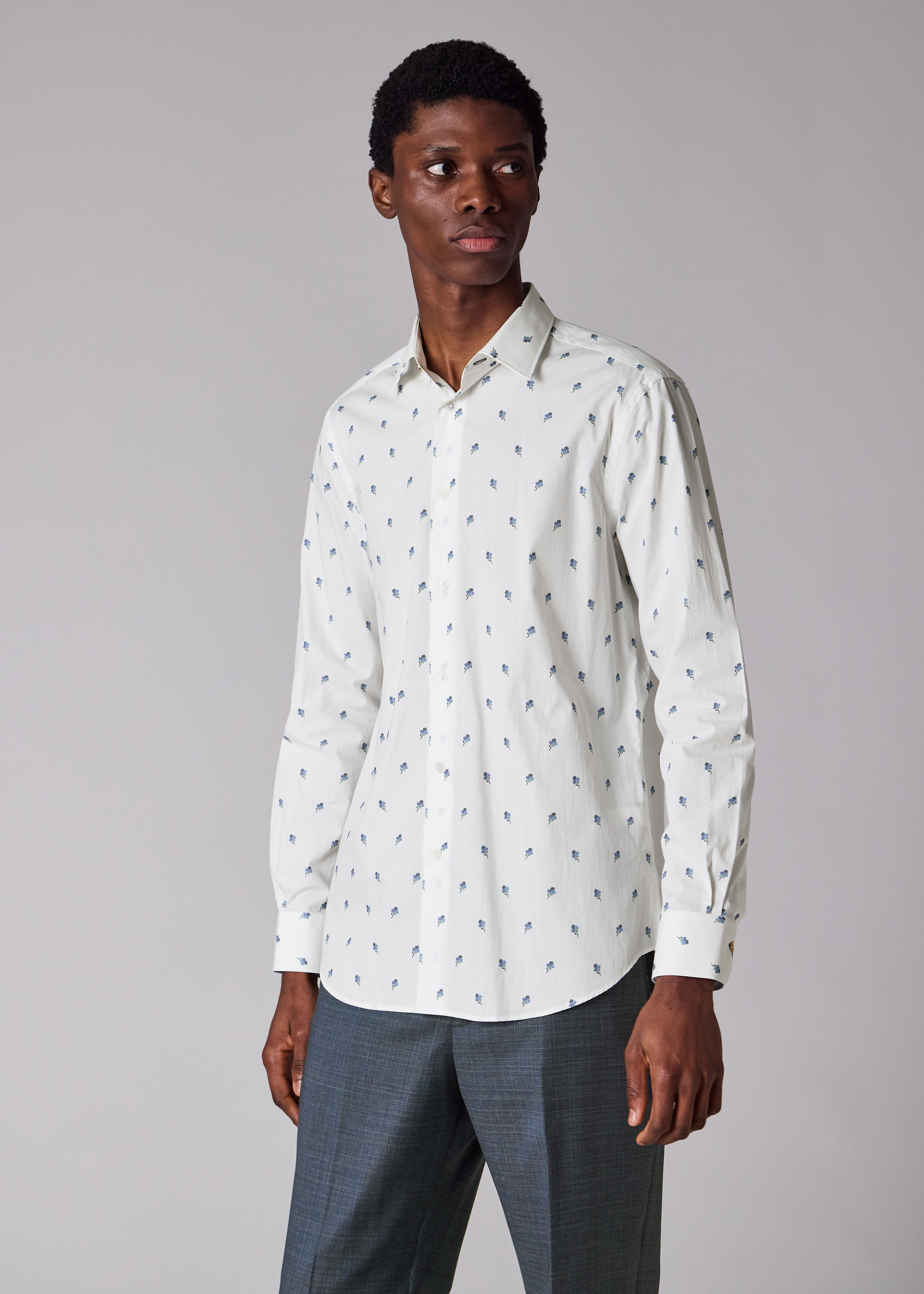 Tailored-Fit White 'Ditsy Flower' Cotton Shirt