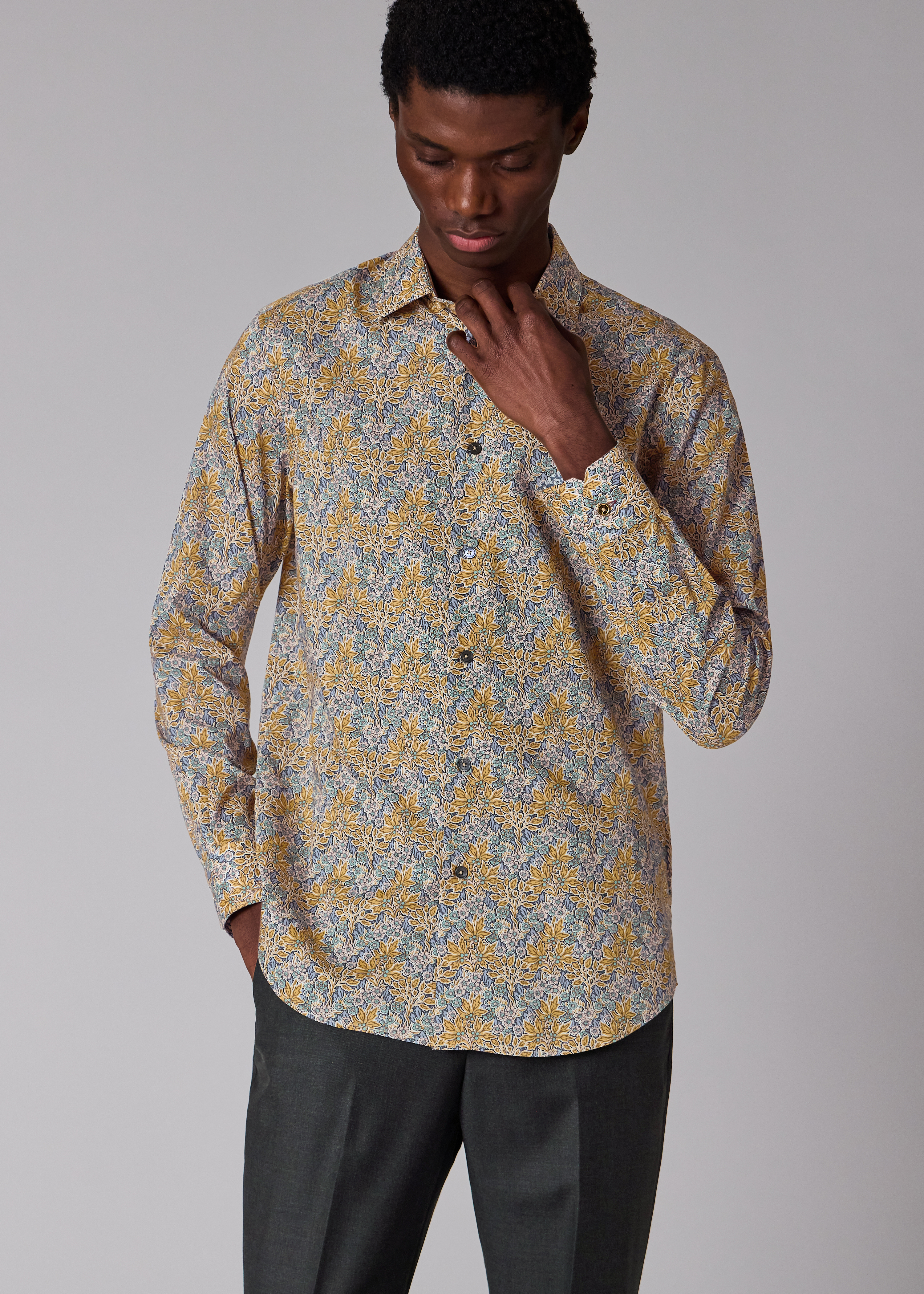 Tailored-Fit Yellow and Blue 'Liberty Floral' Print Shirt