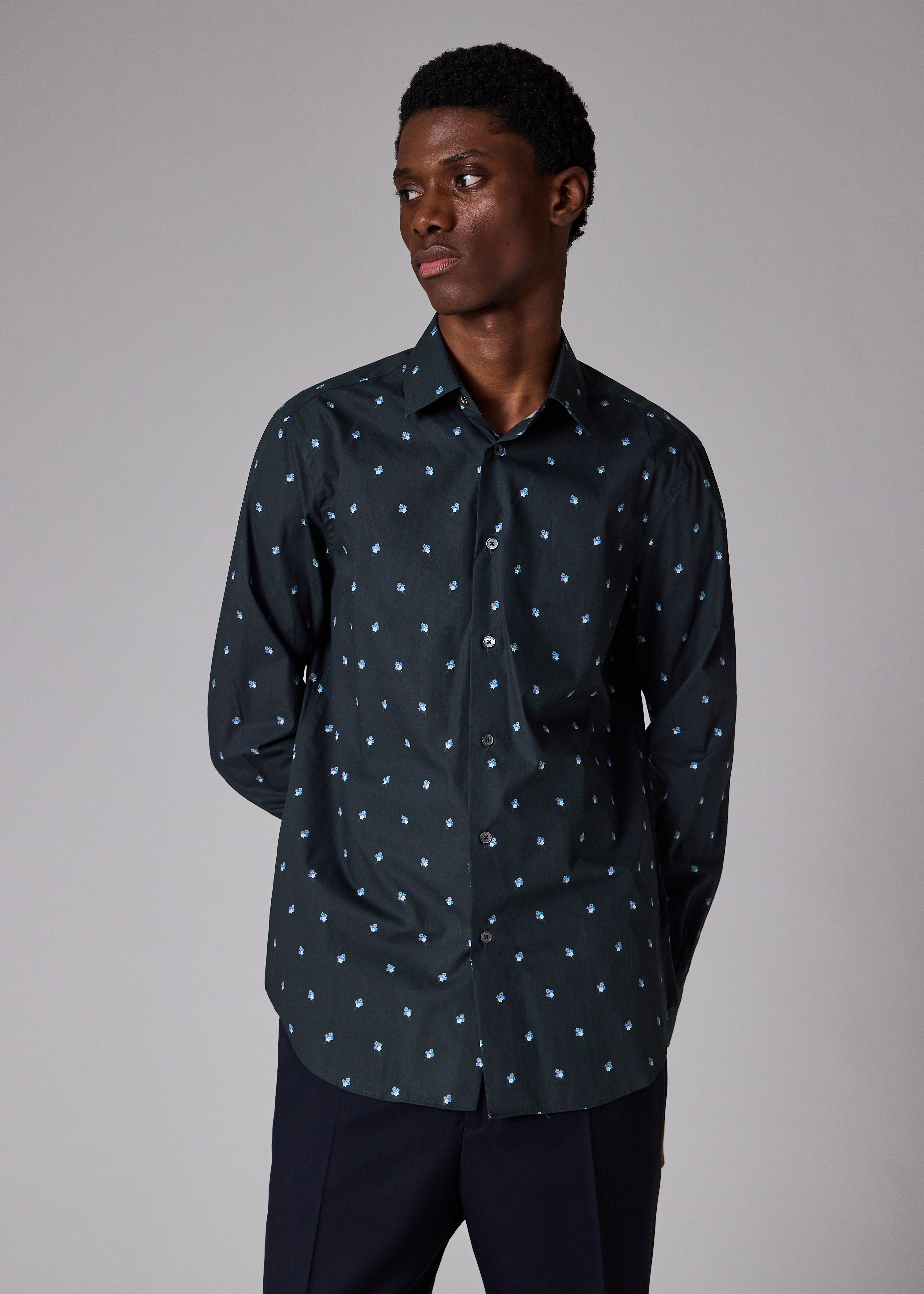 Tailored-Fit Navy 'Ditsy Flower' Cotton Shirt