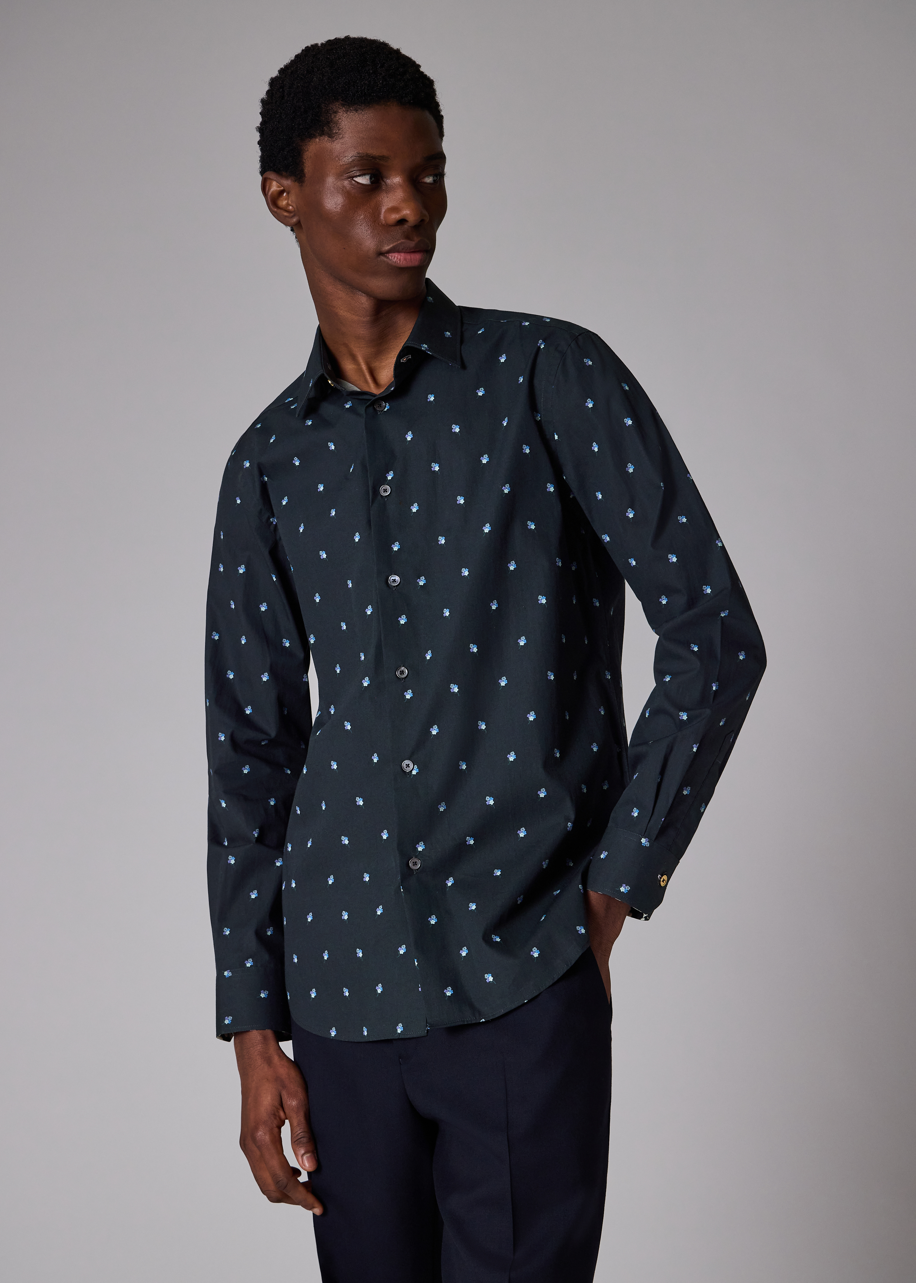 Tailored-Fit Navy 'Ditsy Flower' Cotton Shirt