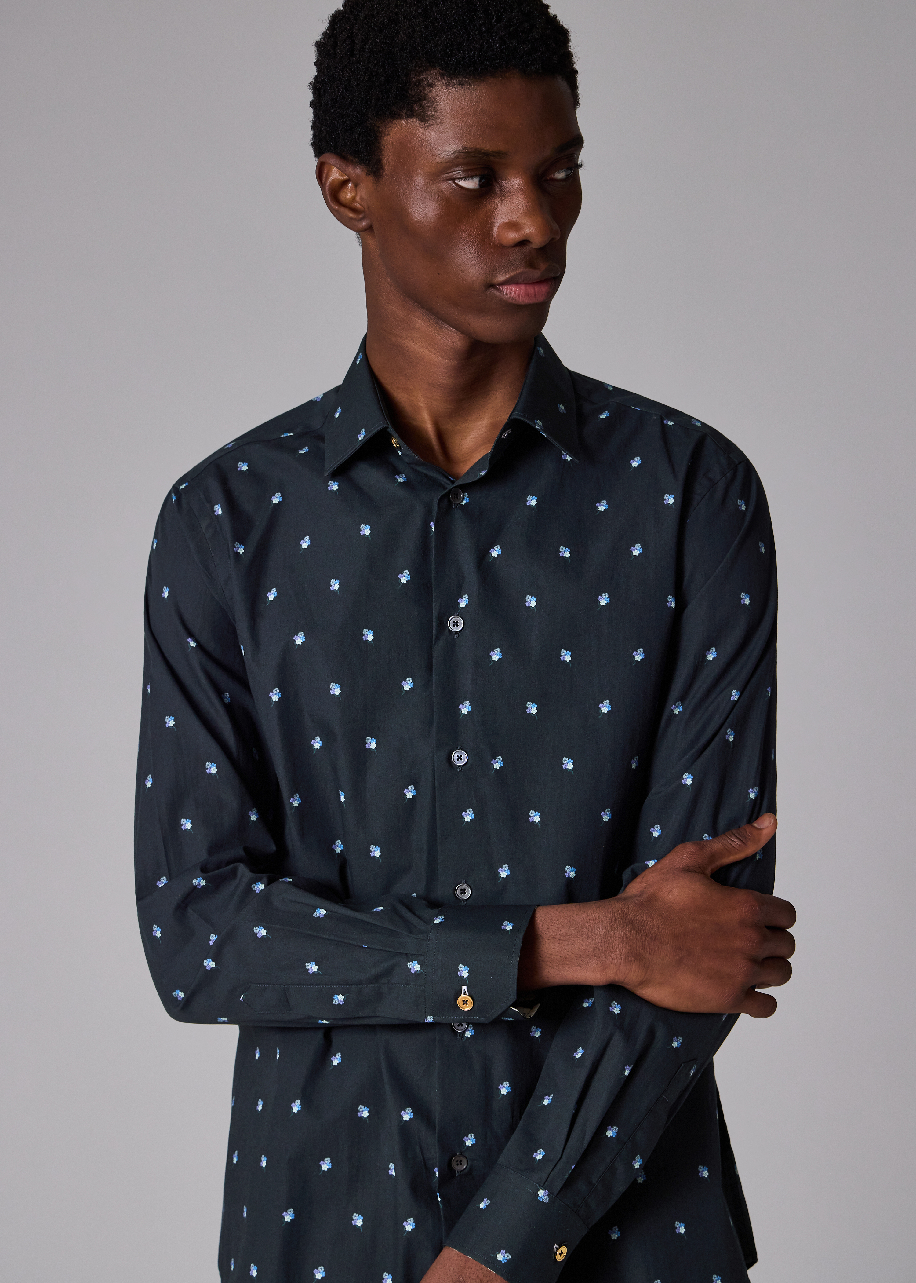 Tailored-Fit Navy 'Ditsy Flower' Cotton Shirt
