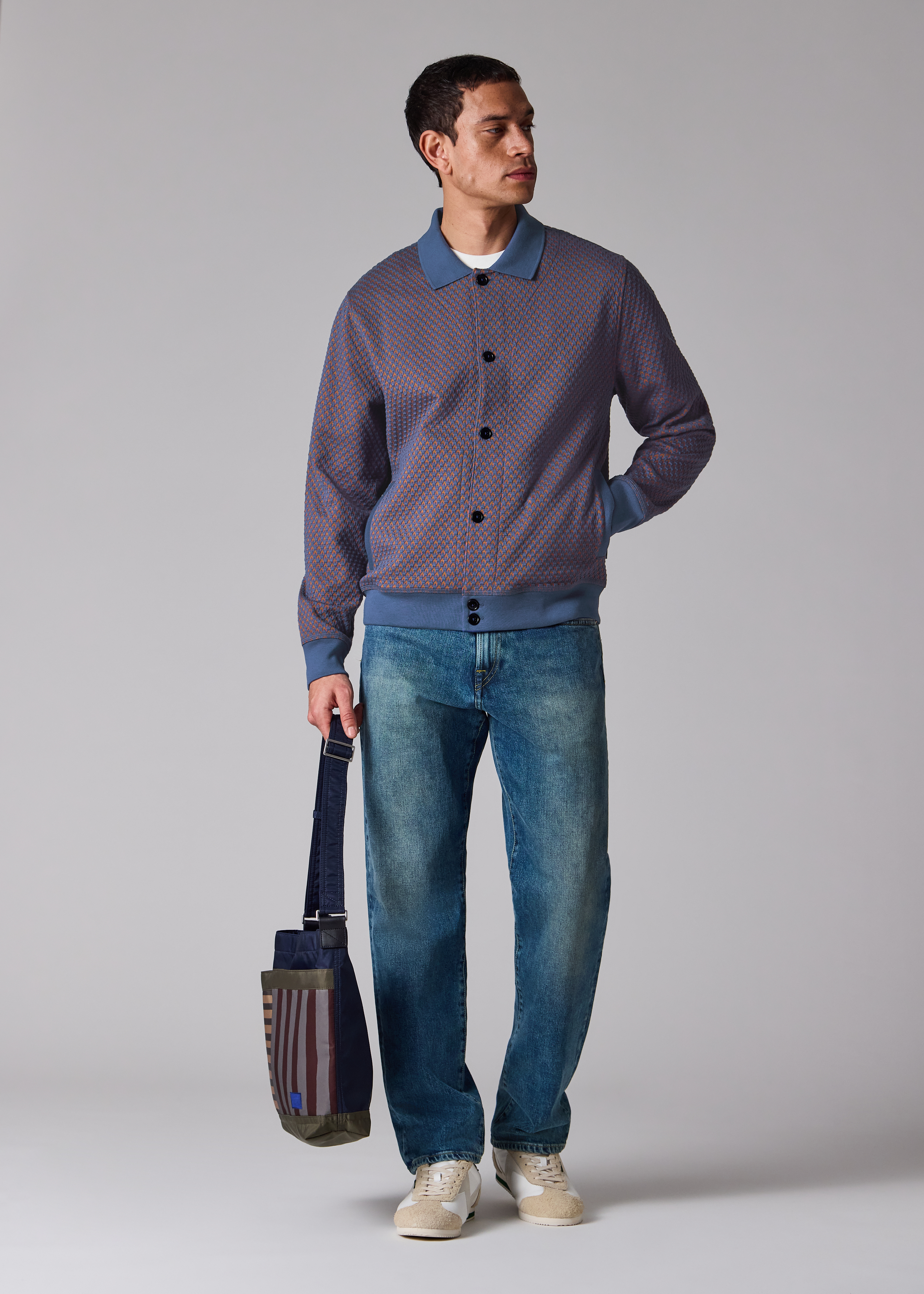 Dark Blue Cotton-Blend Jacquard Cardigan