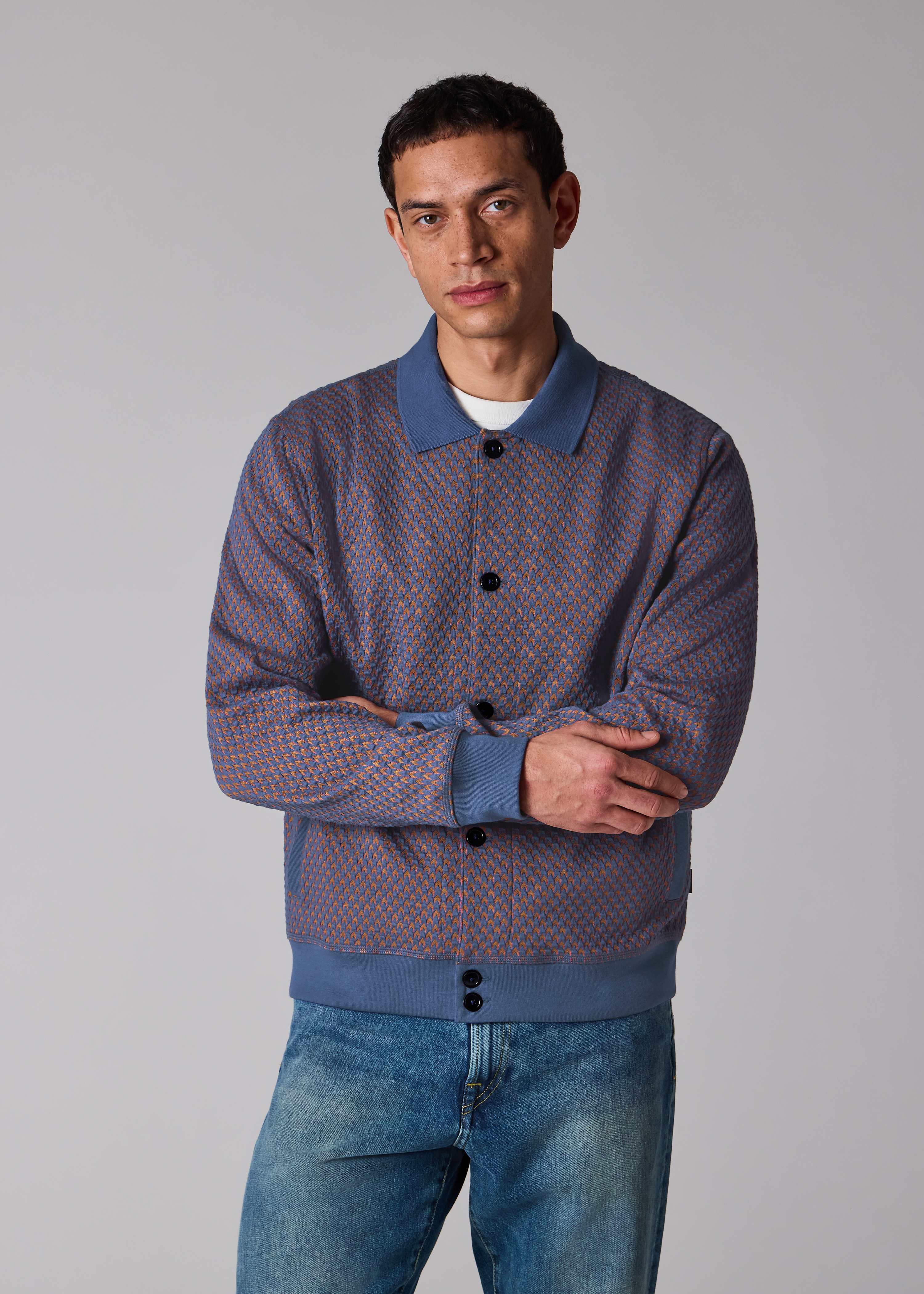 Dark Blue Cotton-Blend Jacquard Cardigan