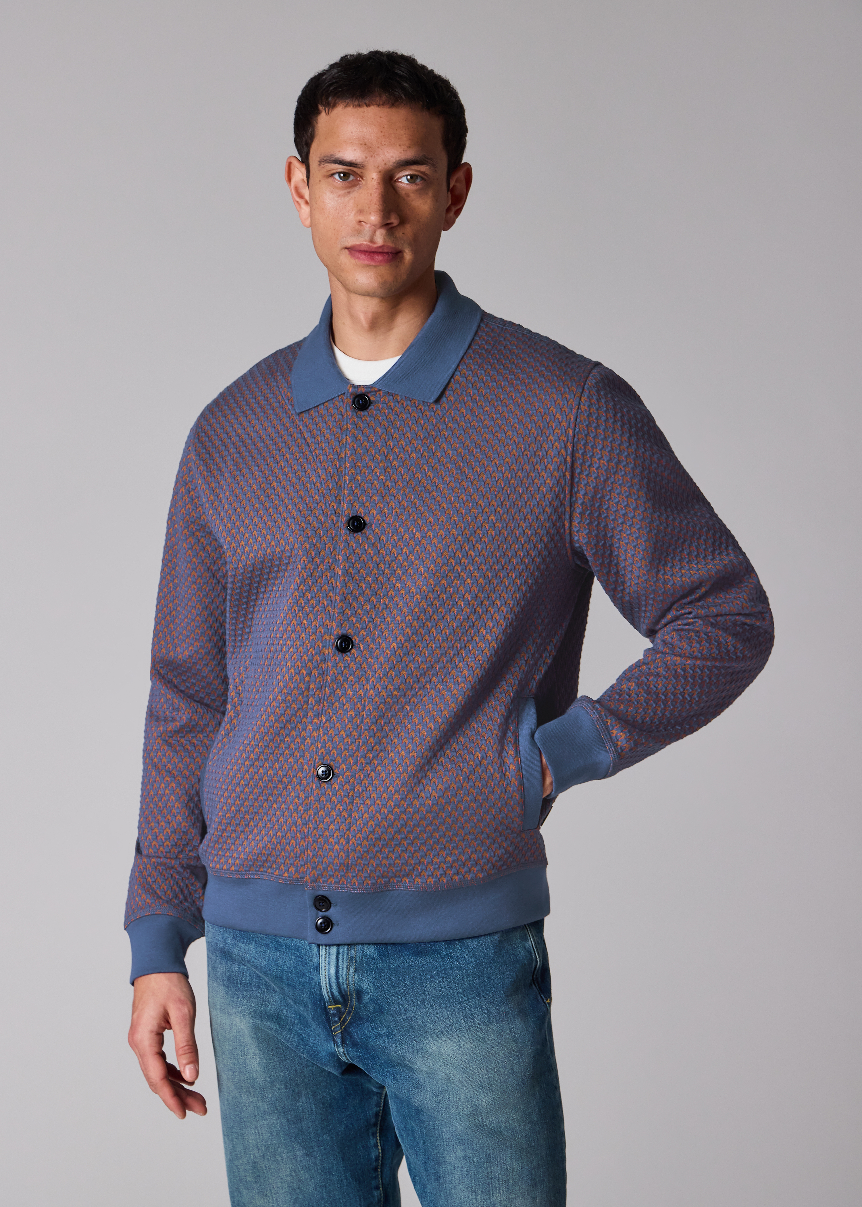 Dark Blue Cotton-Blend Jacquard Cardigan