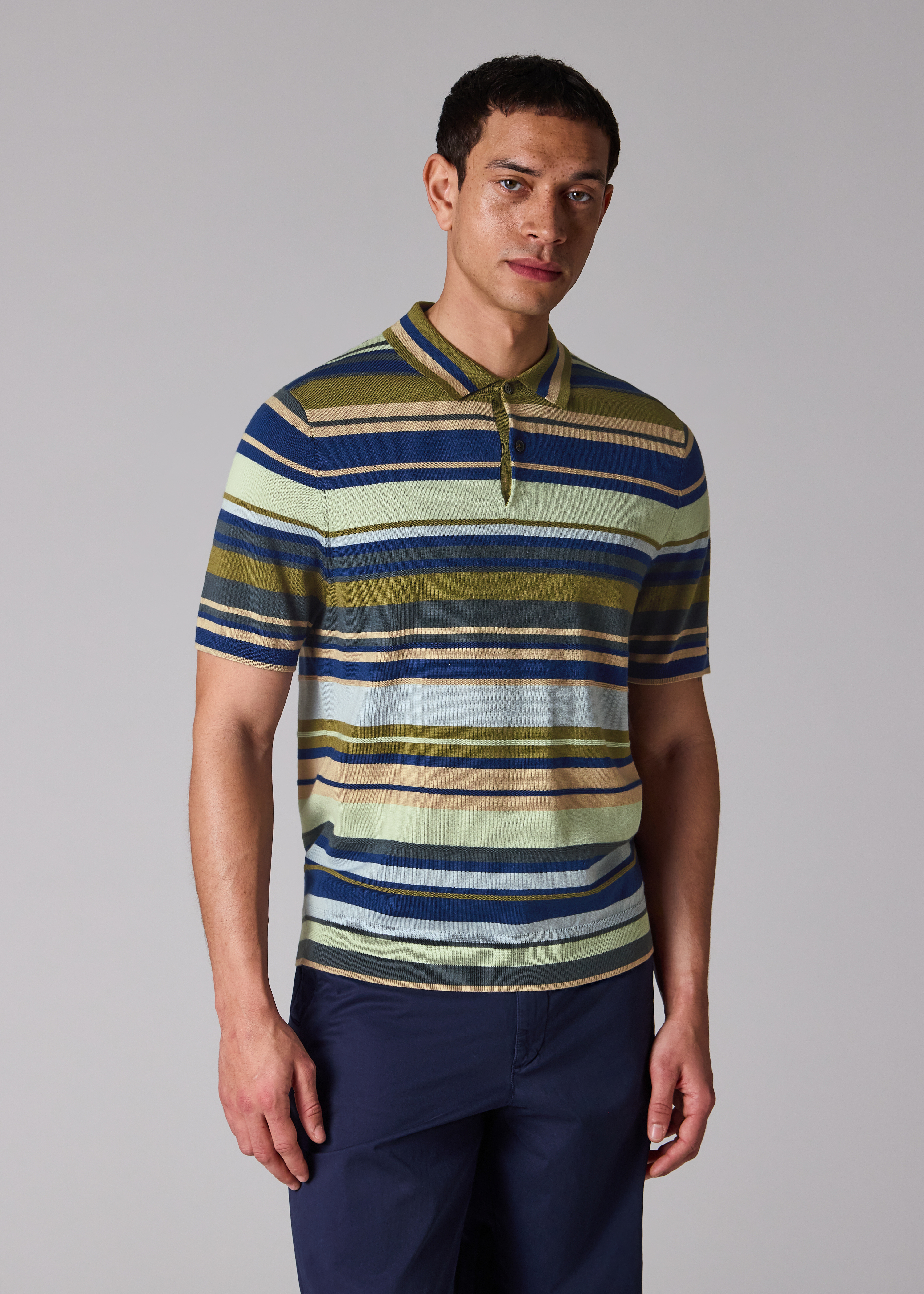 Khaki Multistripe Merino Wool Polo Shirt