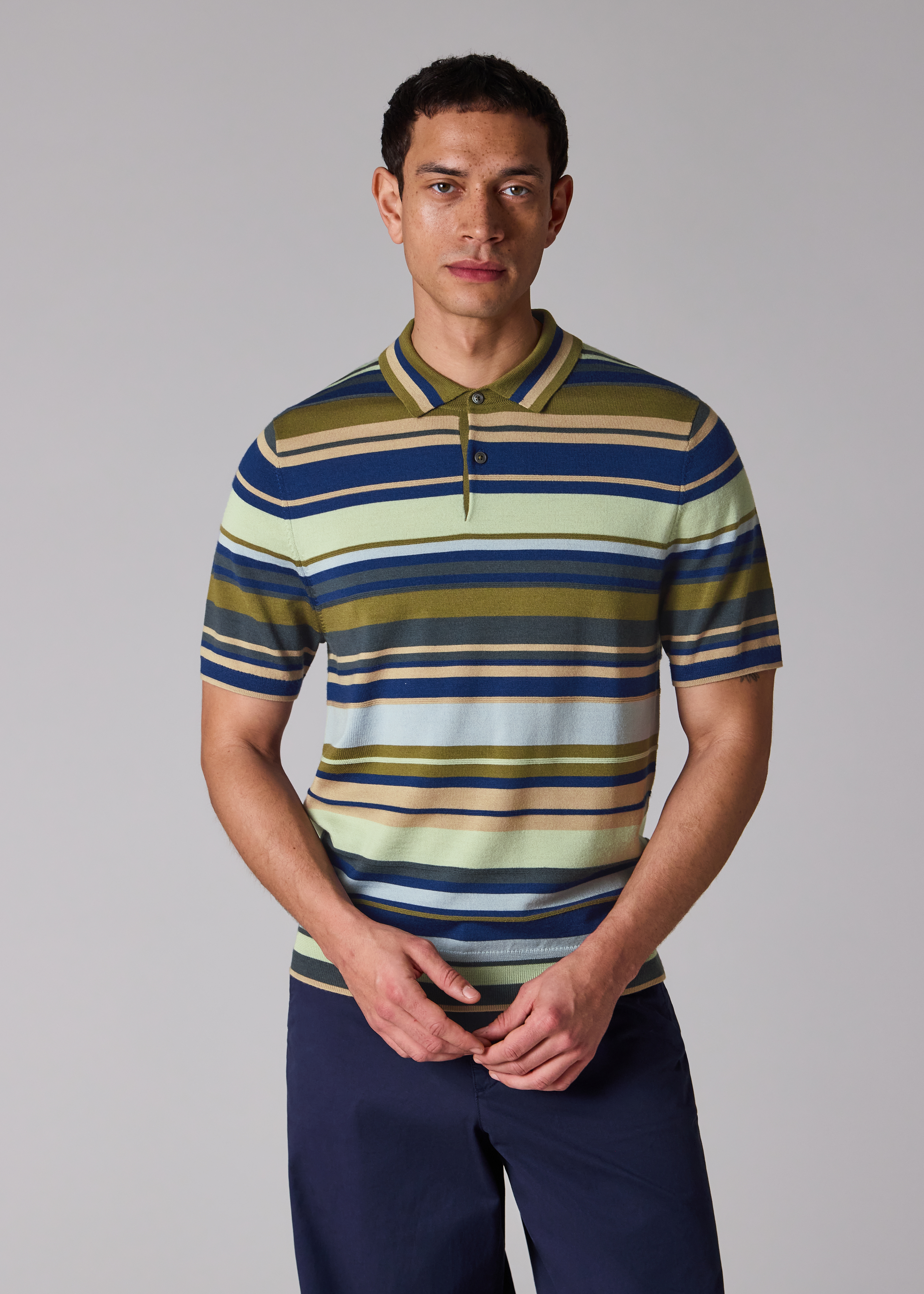 Khaki Multistripe Merino Wool Polo Shirt
