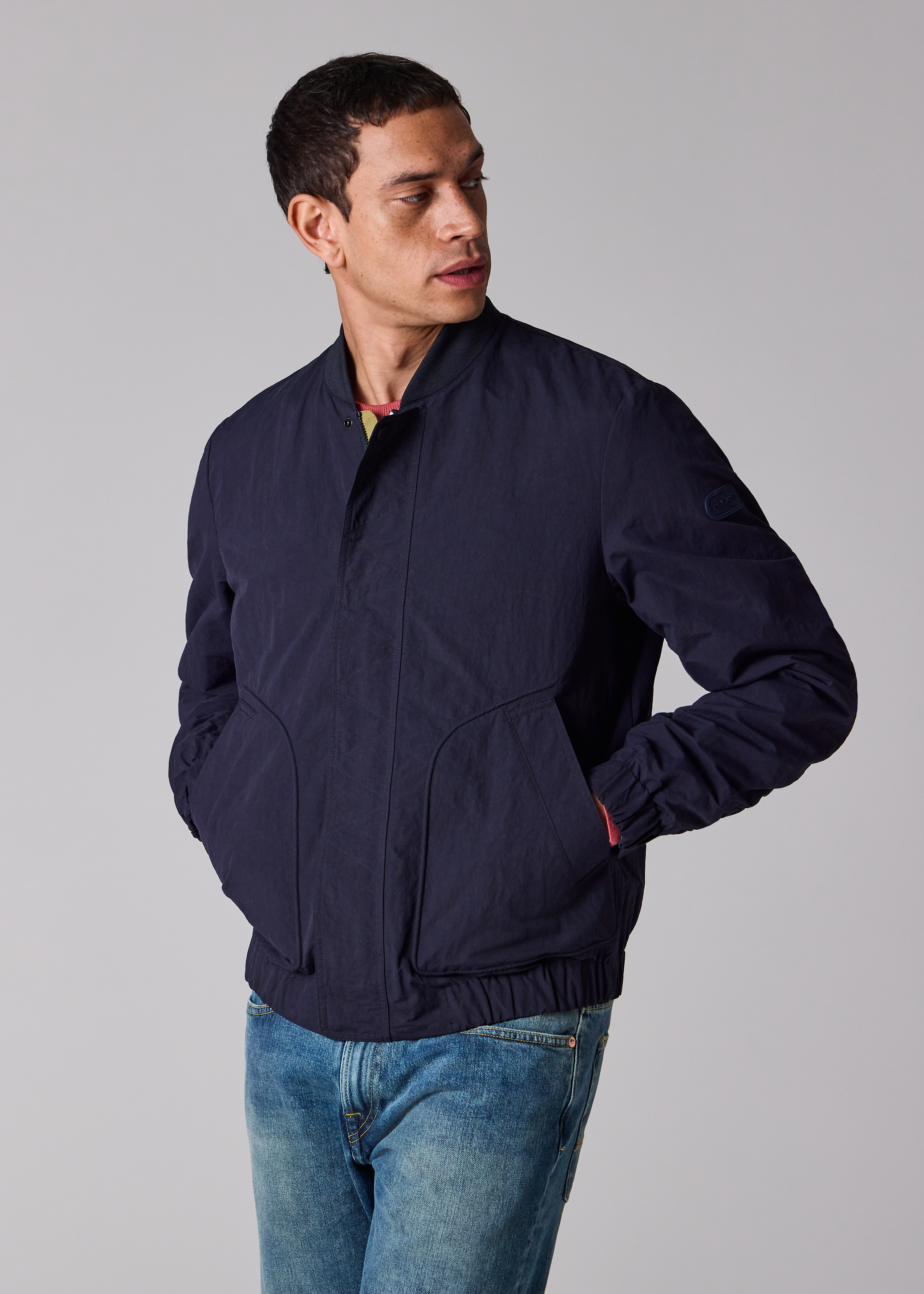 Navy Cotton-Blend Bomber Jacket