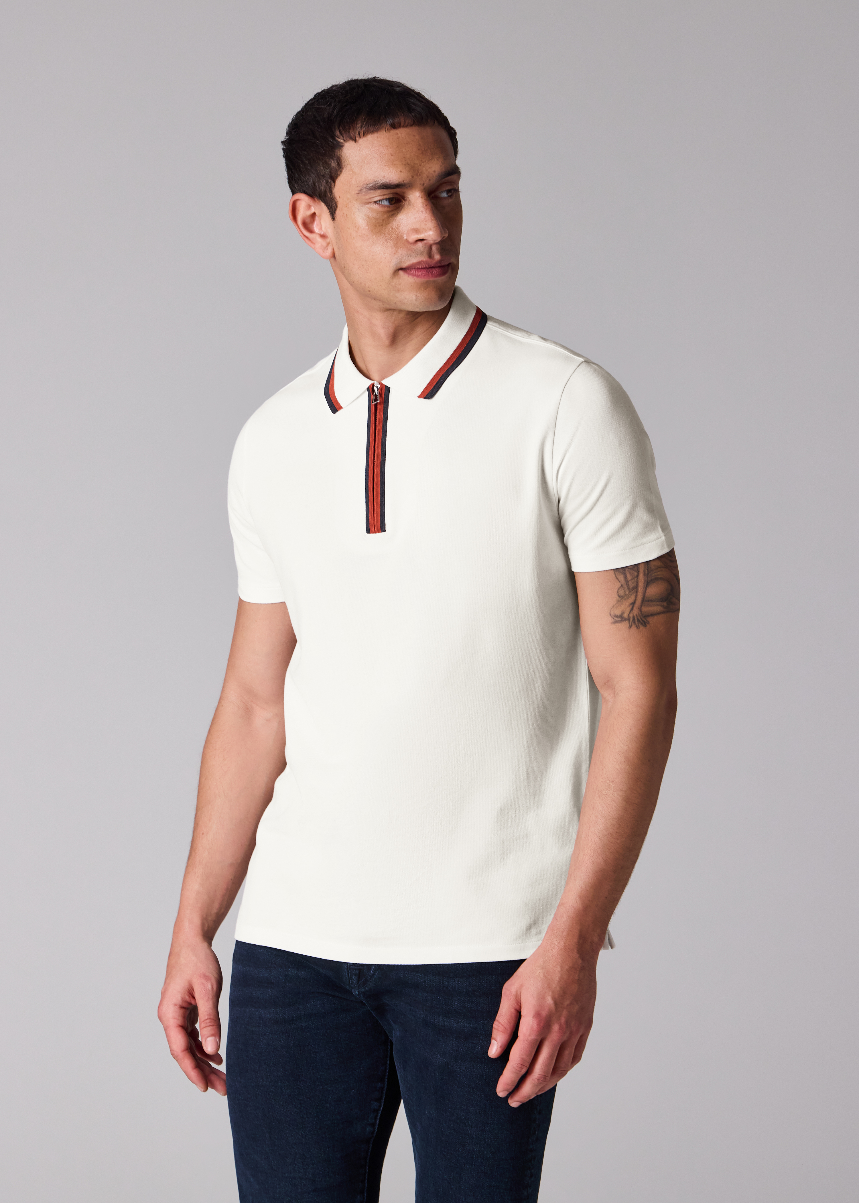 White Contrast Tipping Zip Polo Shirt