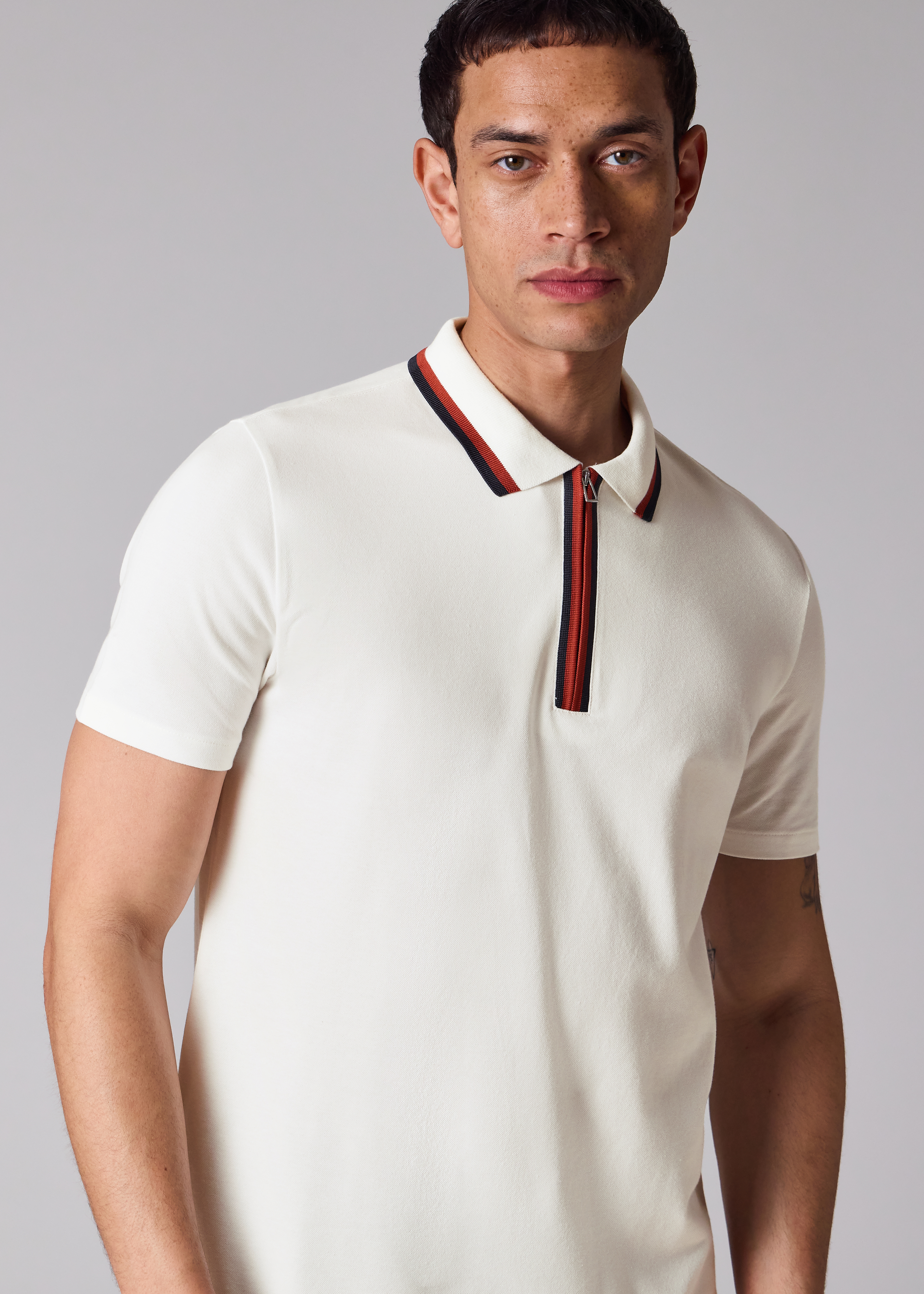 White Contrast Tipping Zip Polo Shirt