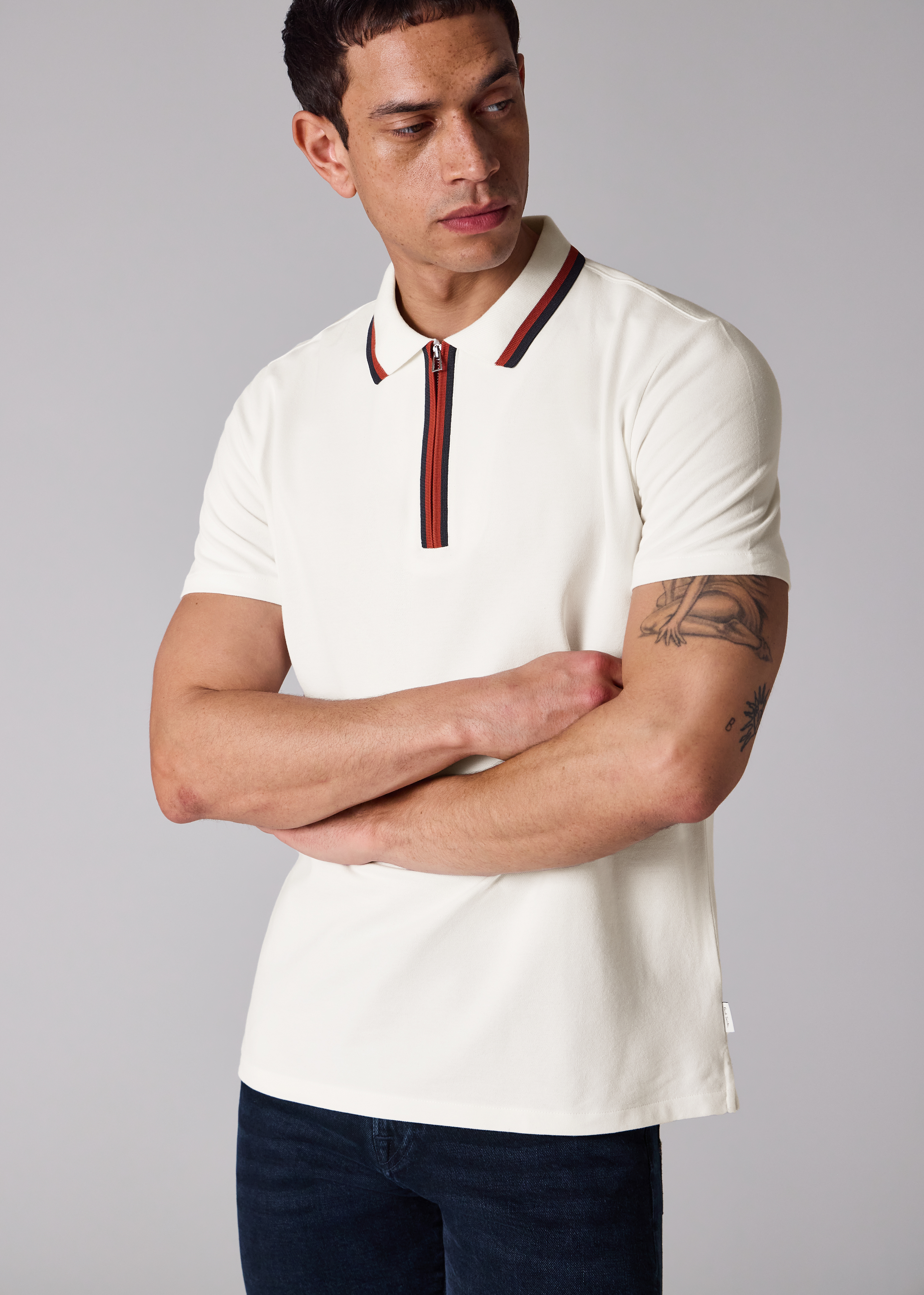 White Contrast Tipping Zip Polo Shirt