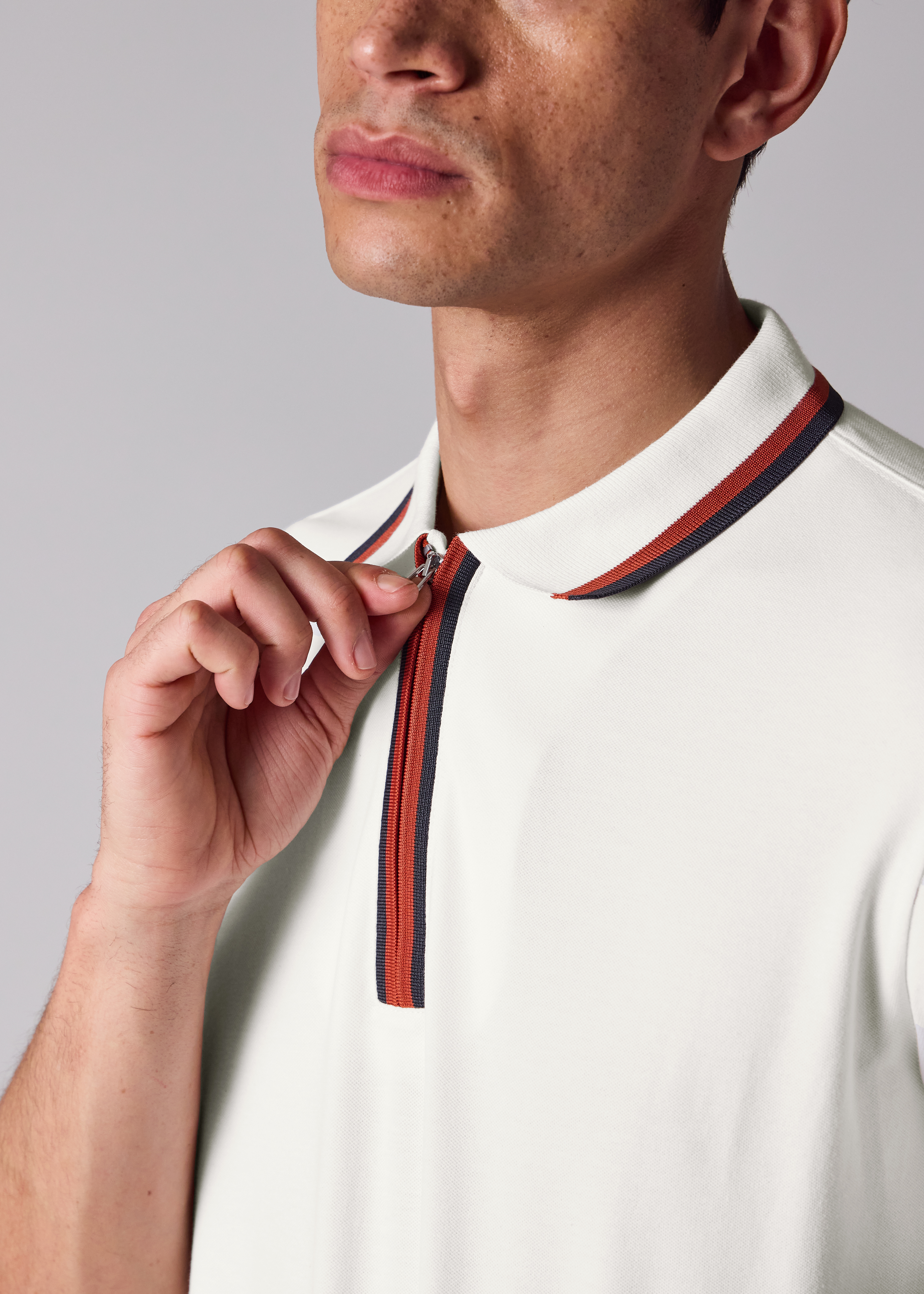 White Contrast Tipping Zip Polo Shirt