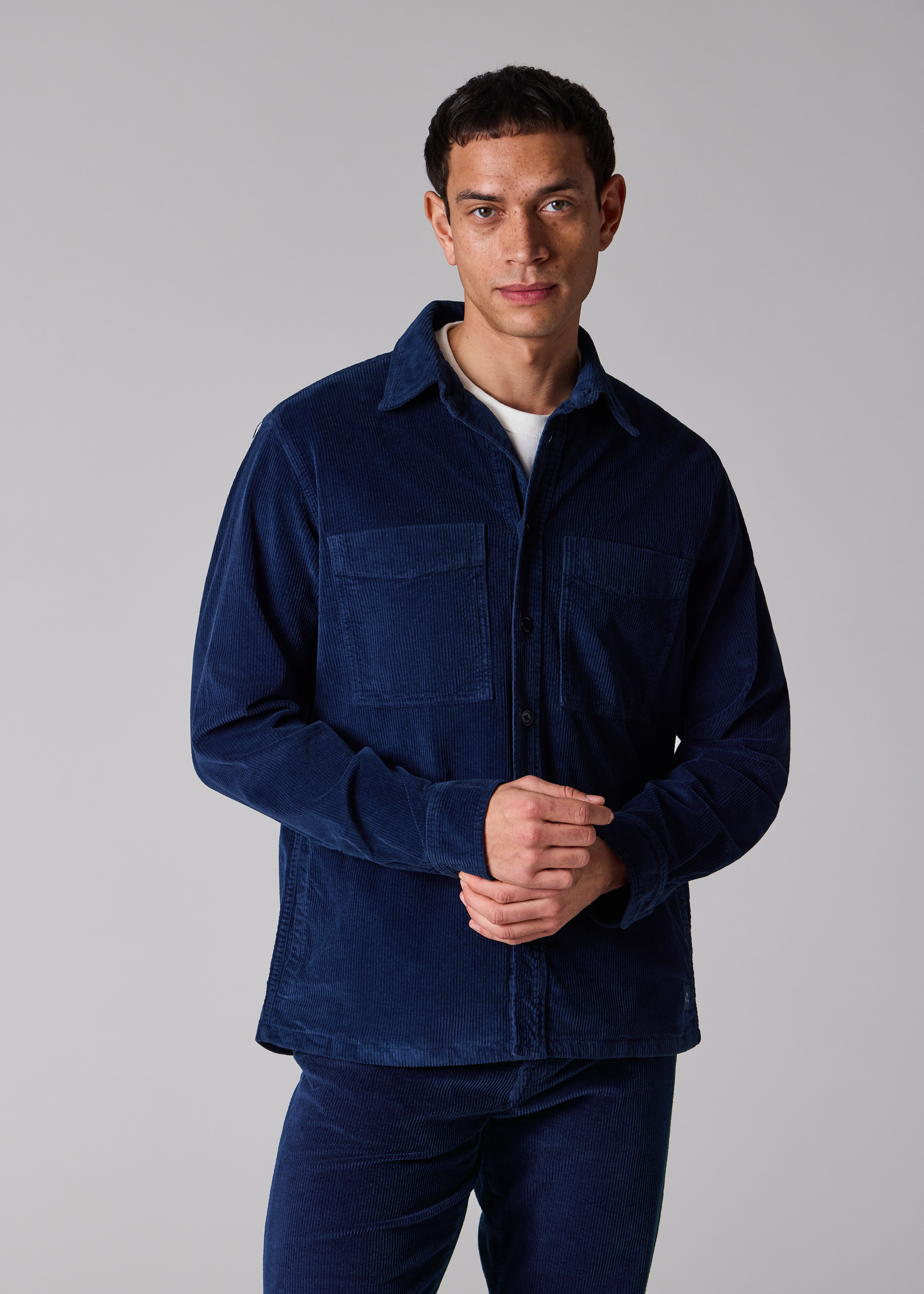 Dark Blue Corduroy Patch-Pocket Overshirt
