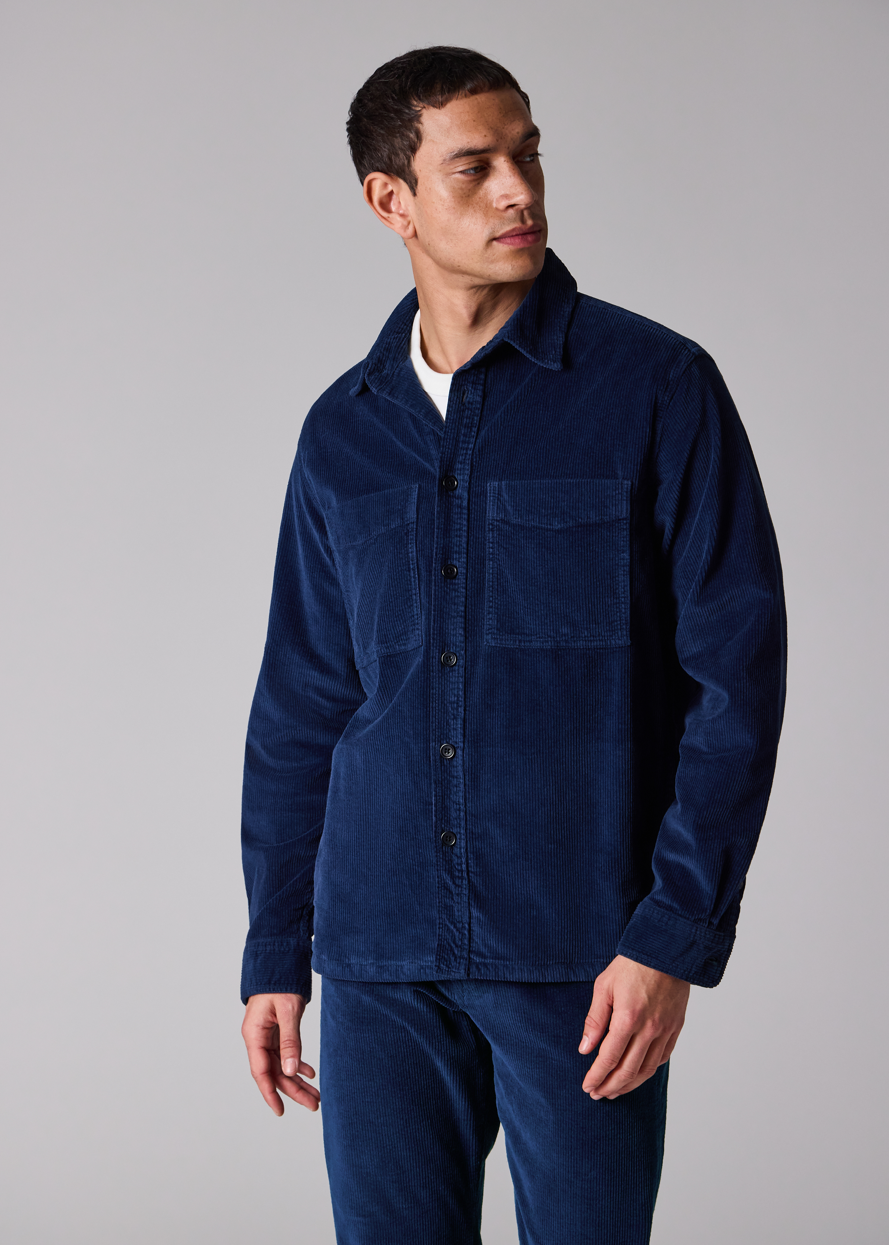 Dark Blue Corduroy Patch-Pocket Overshirt